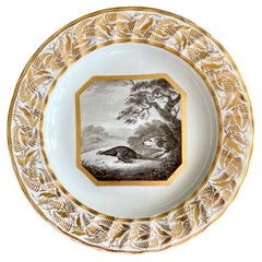 Assiette de Derby, scène de chasse monochrome et sépia par John Brewer, vers 1795-1800