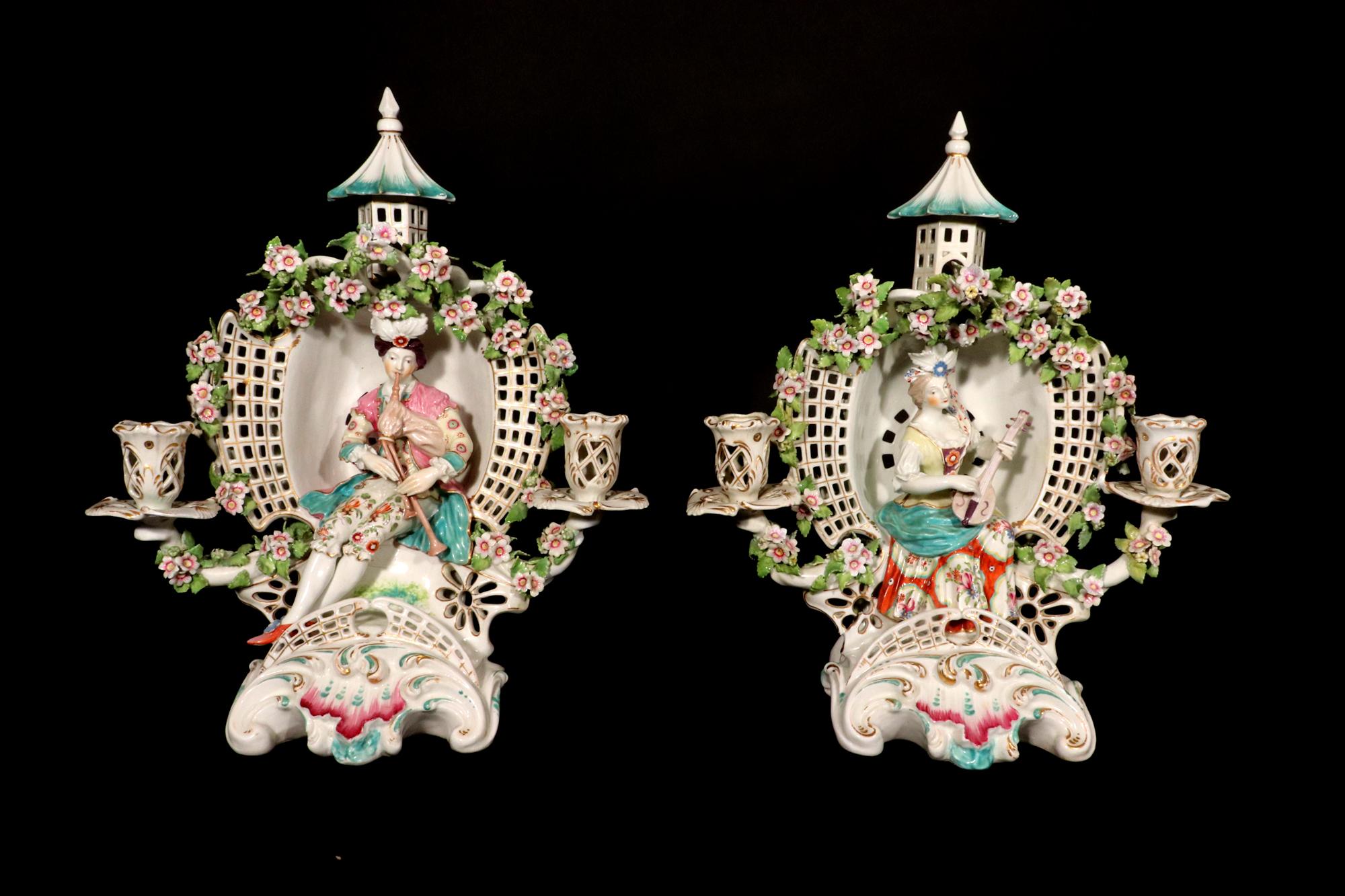 English Porcelain Arbor Musician Candelabrum,
Derby Porcelain,
William Duesbury, 
Circa 1765-70

The Derby porcelain arbor musician candelabrum are a pair. One is a male musician playing the bagpipes, and, on the other a lady playing the lute. Each