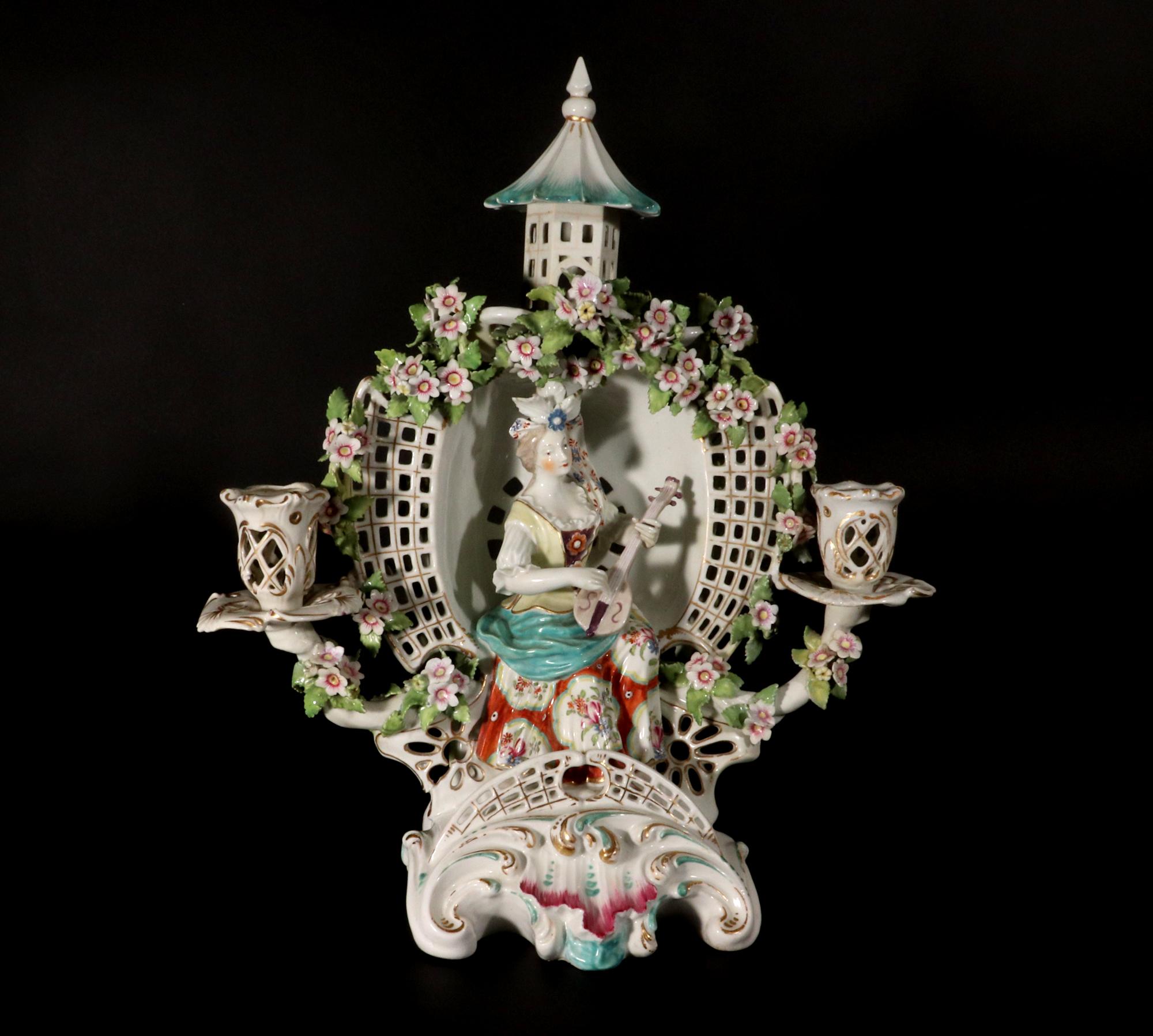 English Derby Porcelain Arbor Musician Candelabrum For Sale