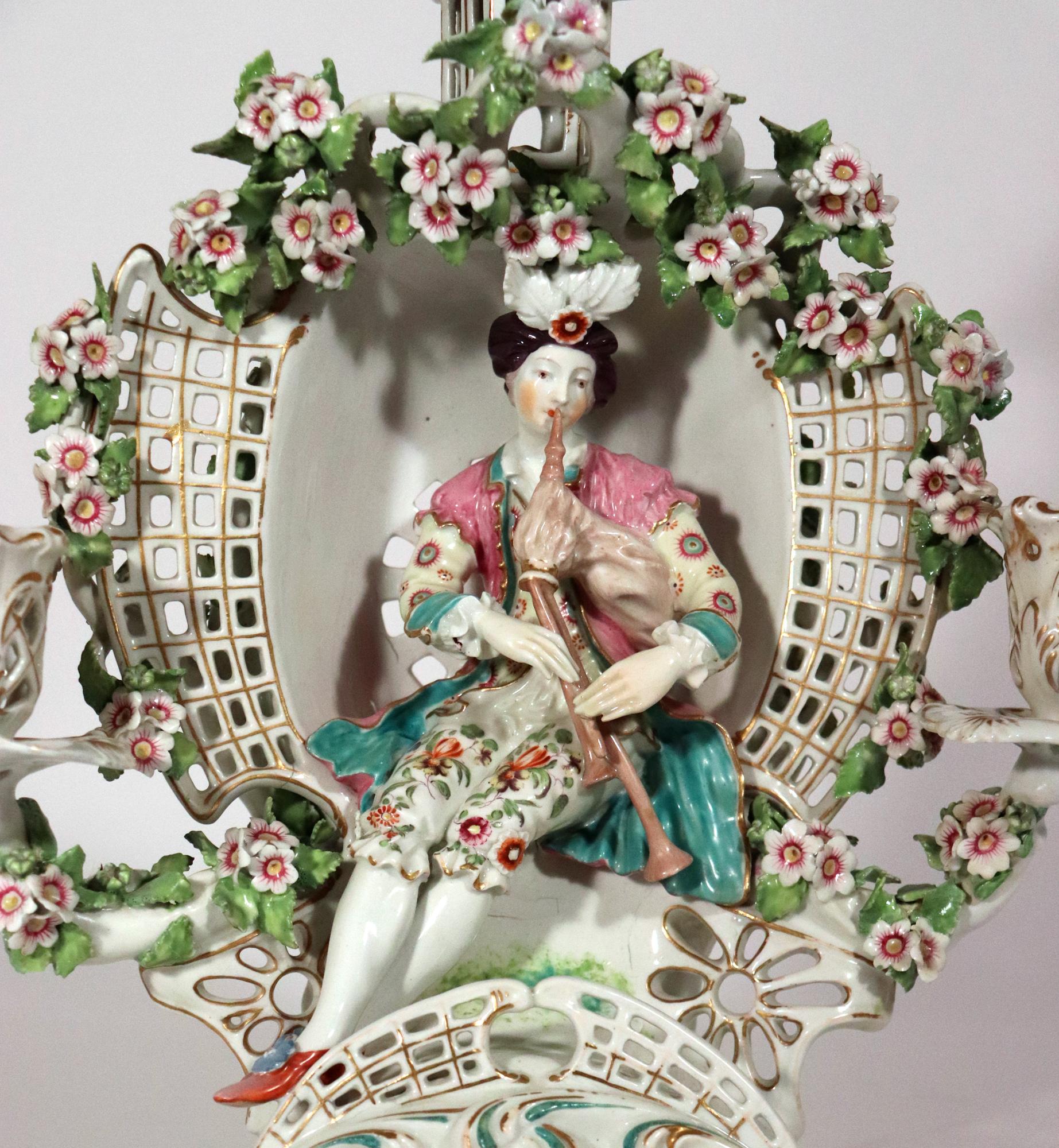 Derby Porcelain Arbor Musician Candelabrum In Good Condition For Sale In Downingtown, PA