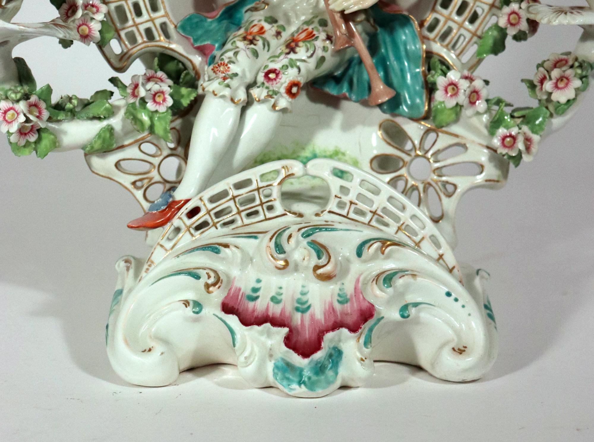 Mid-18th Century Derby Porcelain Arbor Musician Candelabrum For Sale