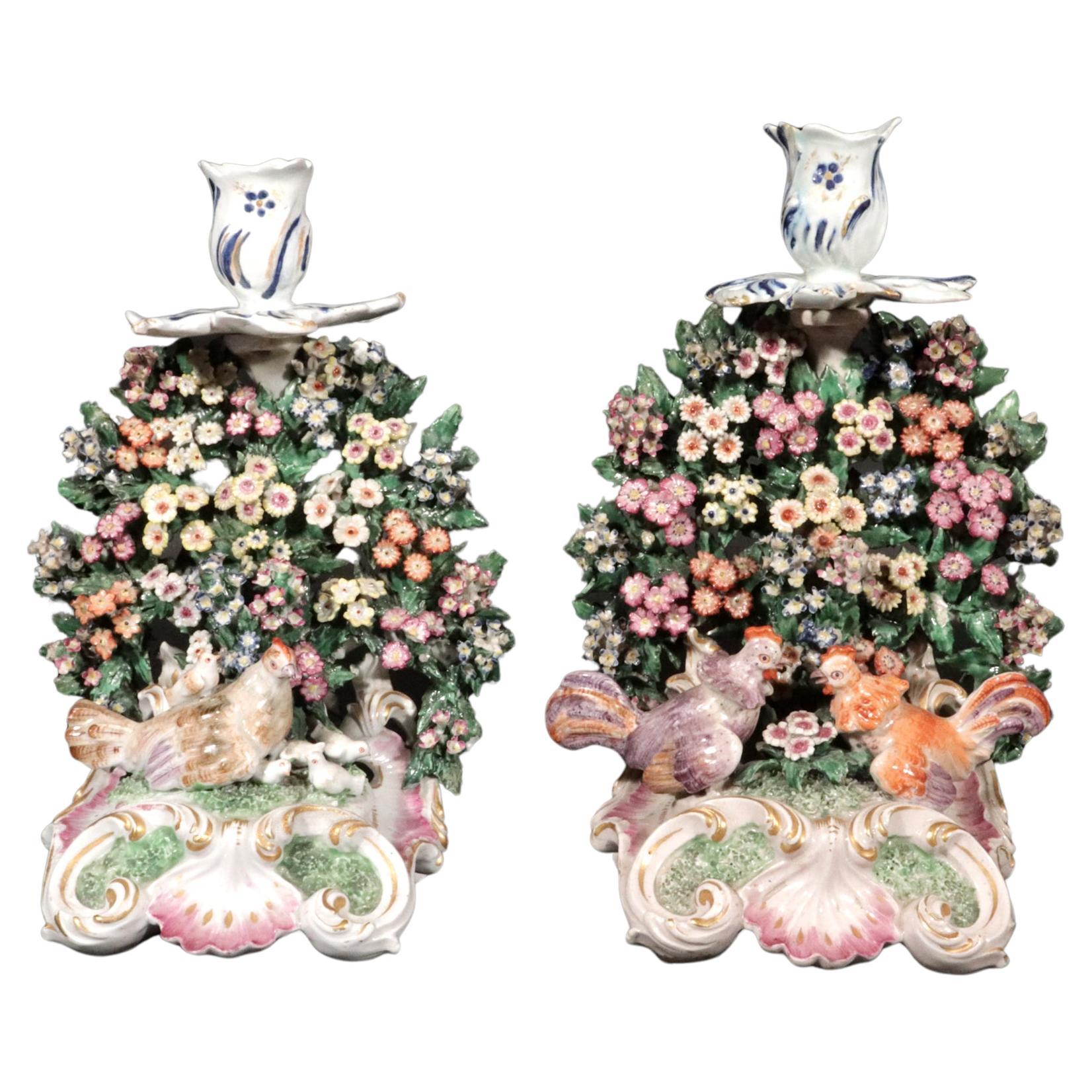 Derby Porcelain Candlesticks decorated with Hen and Chicks