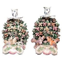 Derby Porcelain Candlesticks decorated with Hen and Chicks