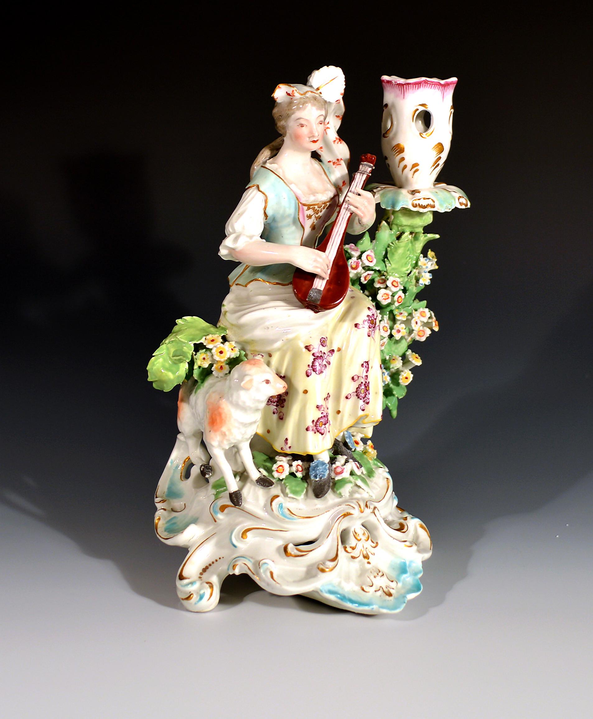 Georgian Derby Porcelain Candlesticks with Figures of Musicians, circa 1760-1765 For Sale