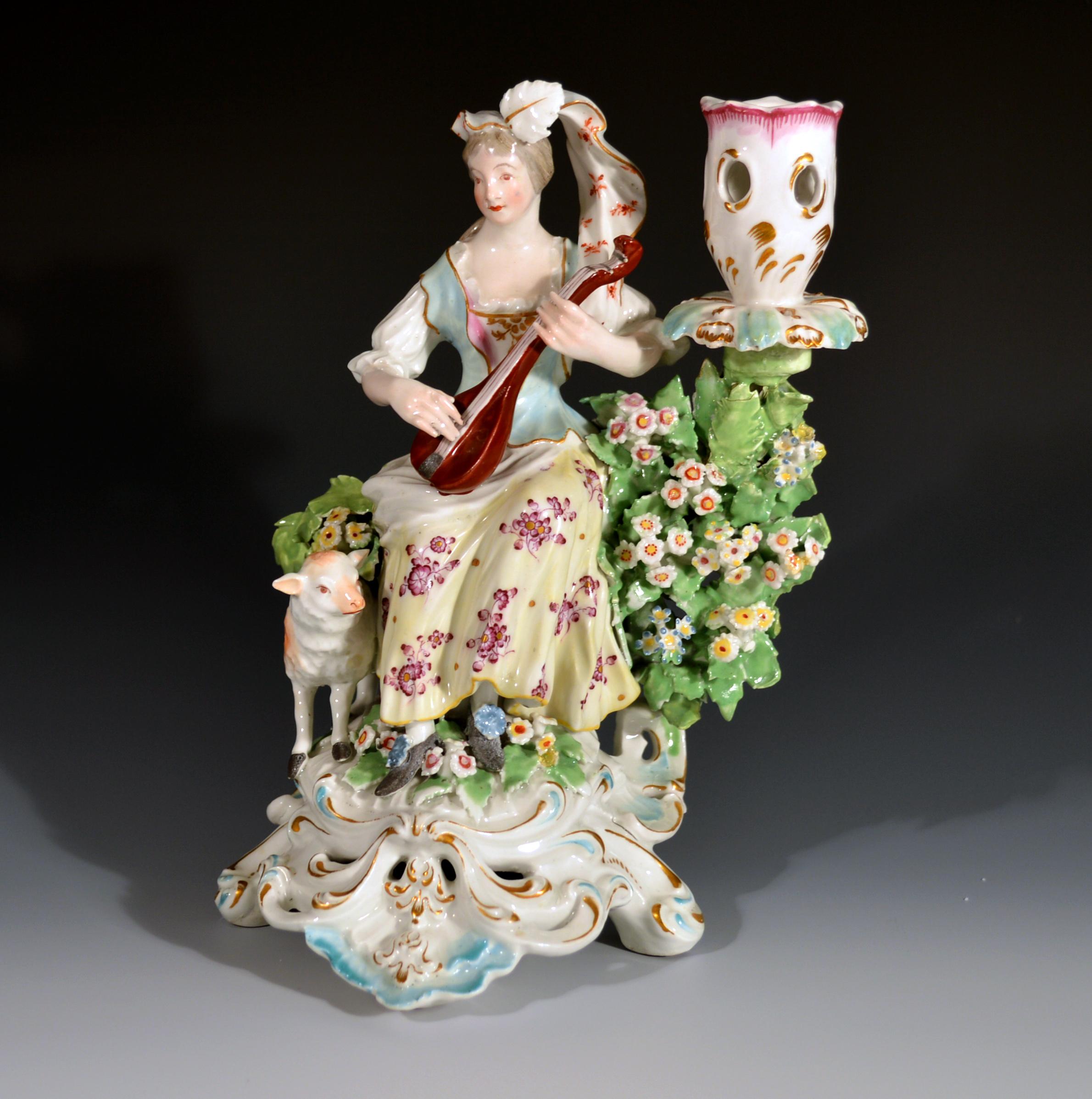 English Derby Porcelain Candlesticks with Figures of Musicians, circa 1760-1765 For Sale