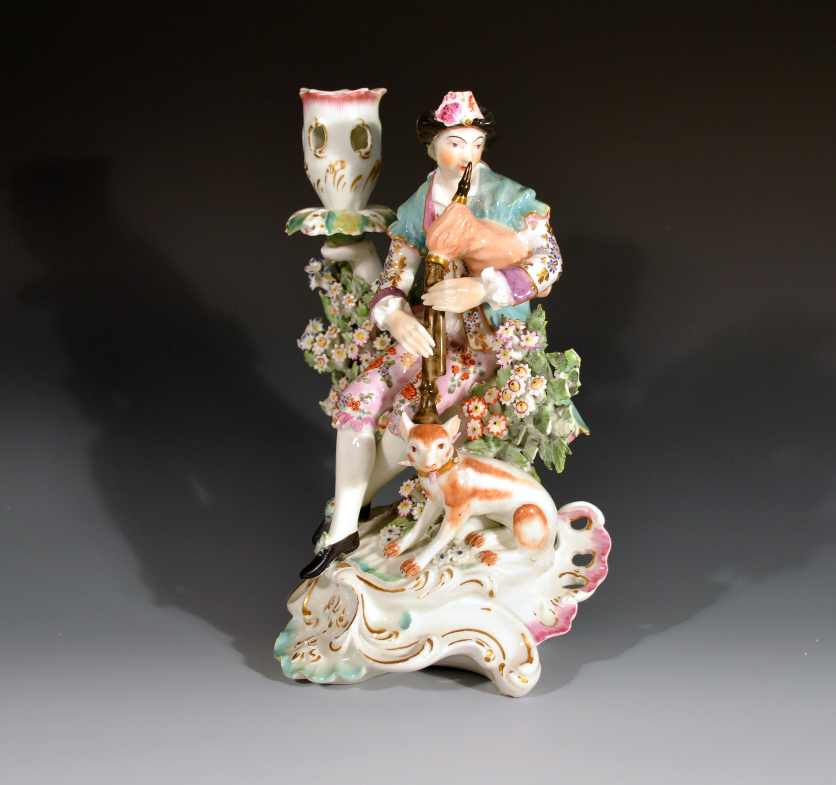 Mid-18th Century Derby Porcelain Candlesticks with Figures of Musicians, circa 1760-1765 For Sale