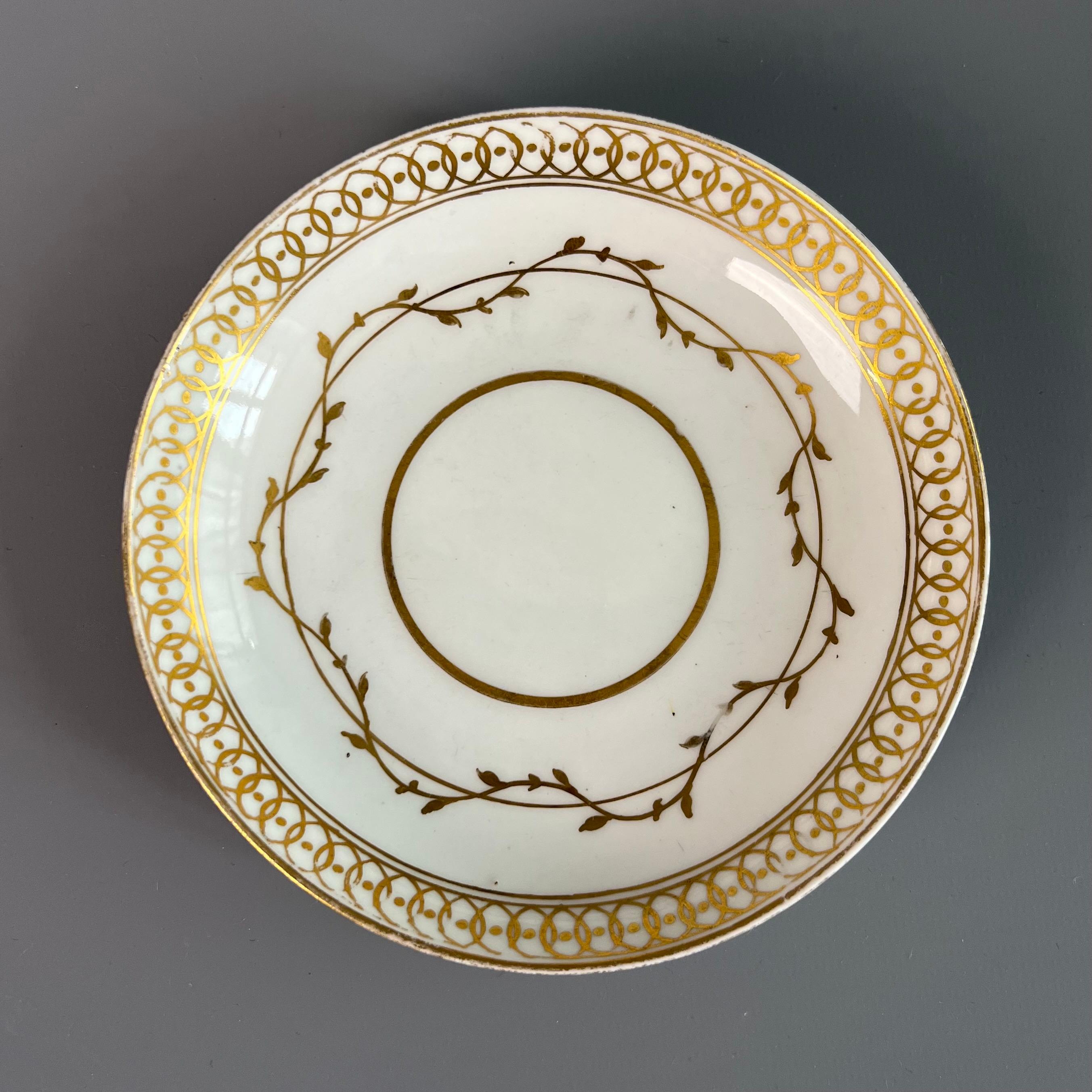 English Derby Porcelain Coffee Can and Saucer, White with Gilt Georgian, circa 1795