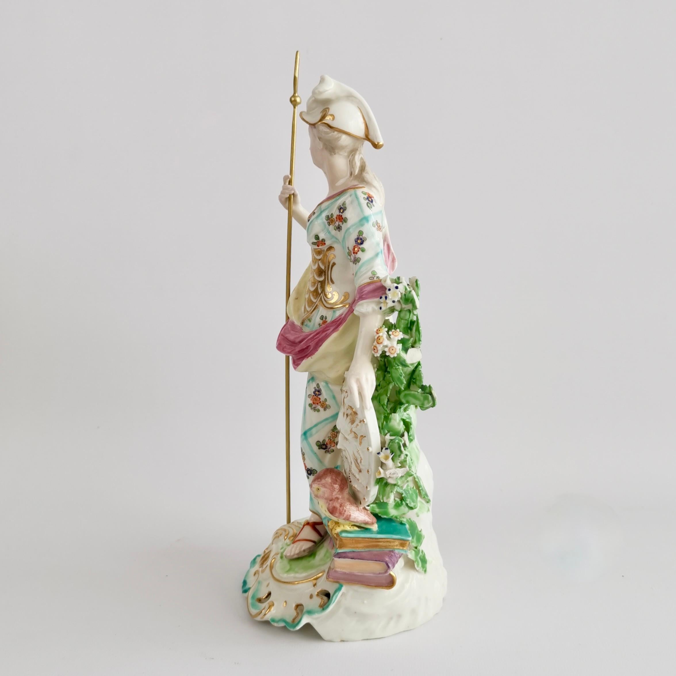 This is a beautiful Derby porcelain figure of the goddess Minerva made around 1765, which was the Rococo era. The figure is finely made and in fabulous condition.
 
The Derby Porcelain factory has its roots in the late 1740s, when Andrew Planché,
