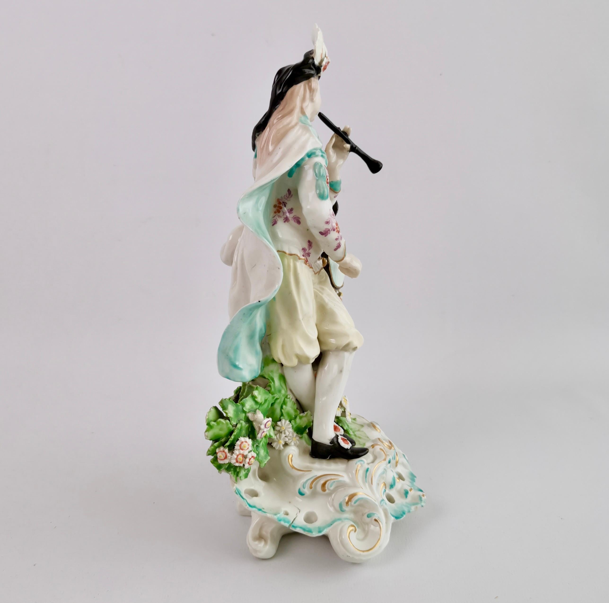 English Derby Porcelain Figure of Musician with Flageolet and Tabor, Rococo, Ca 1765 For Sale