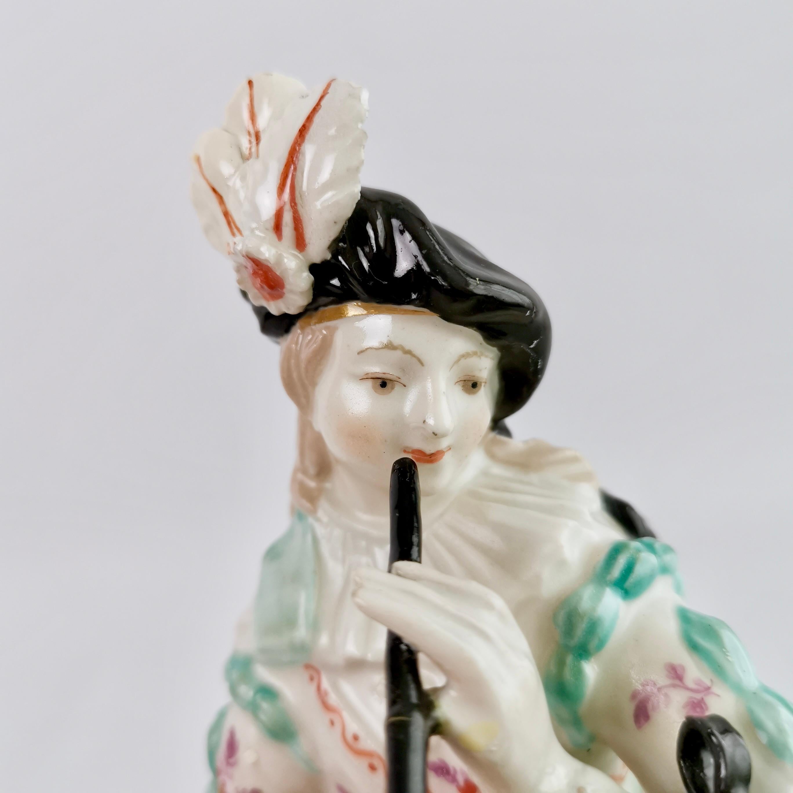 Hand-Painted Derby Porcelain Figure of Musician with Flageolet and Tabor, Rococo, Ca 1765 For Sale