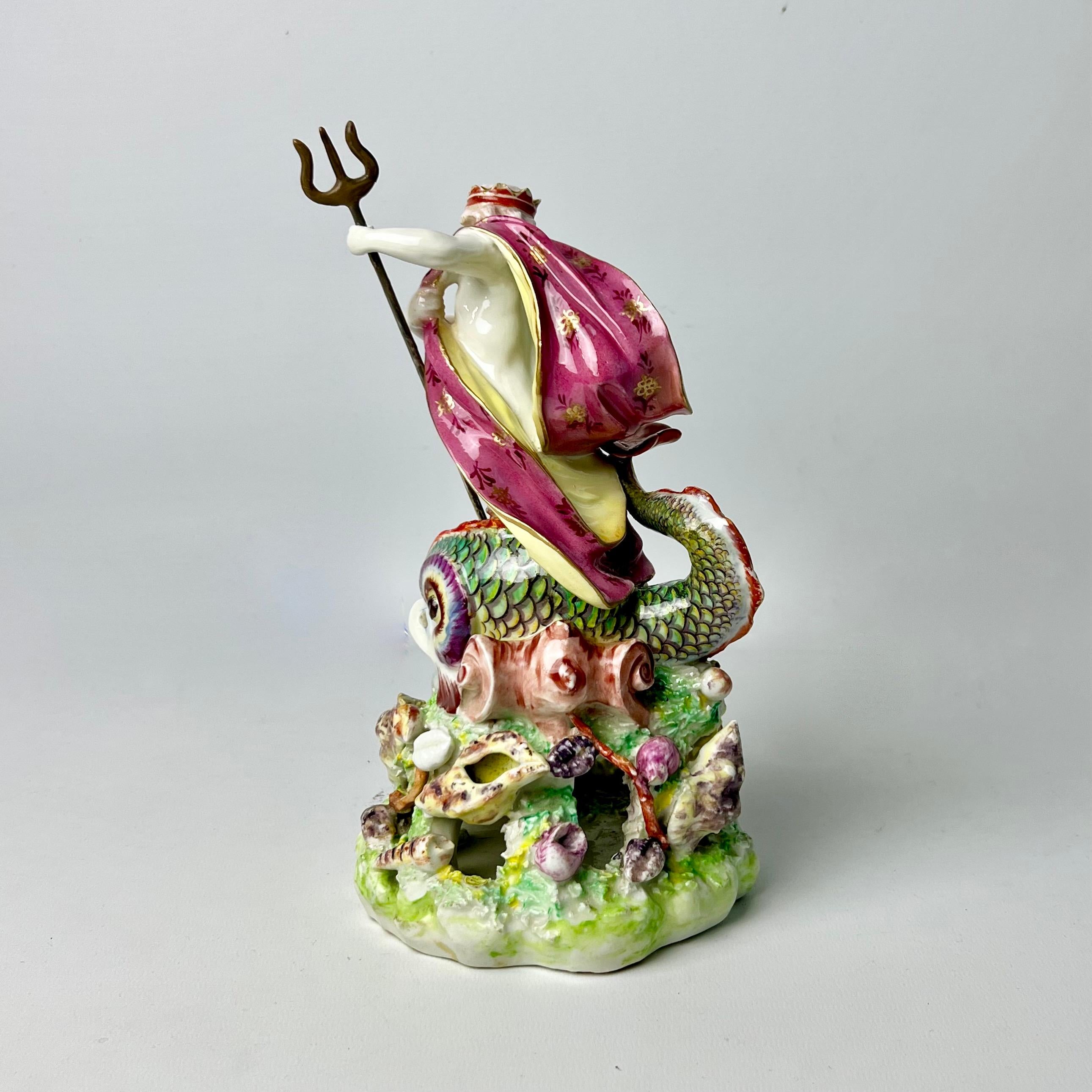 English Derby Porcelain Figure of Neptune with Dolphin, Rococo, Ca 1765