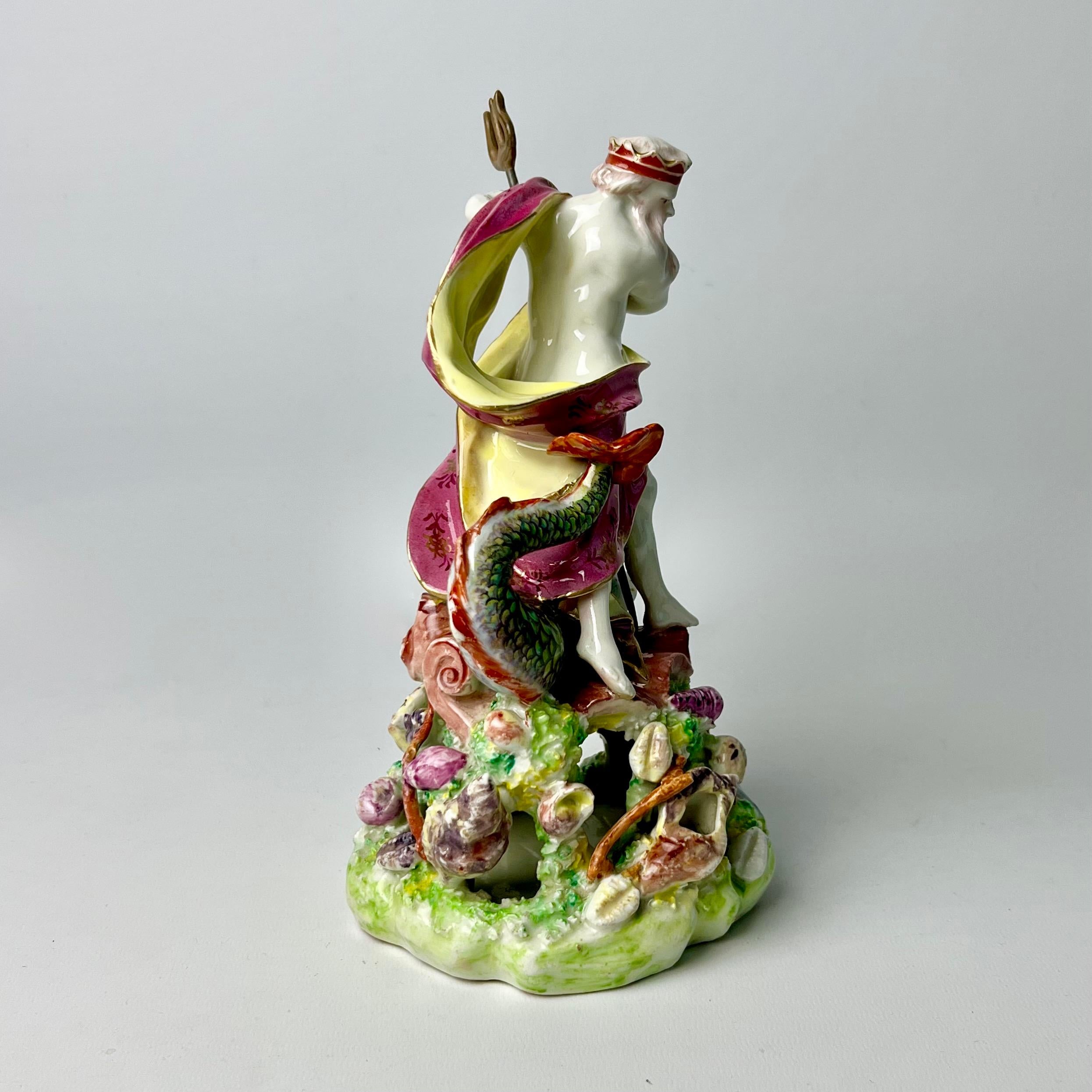 Hand-Painted Derby Porcelain Figure of Neptune with Dolphin, Rococo, Ca 1765
