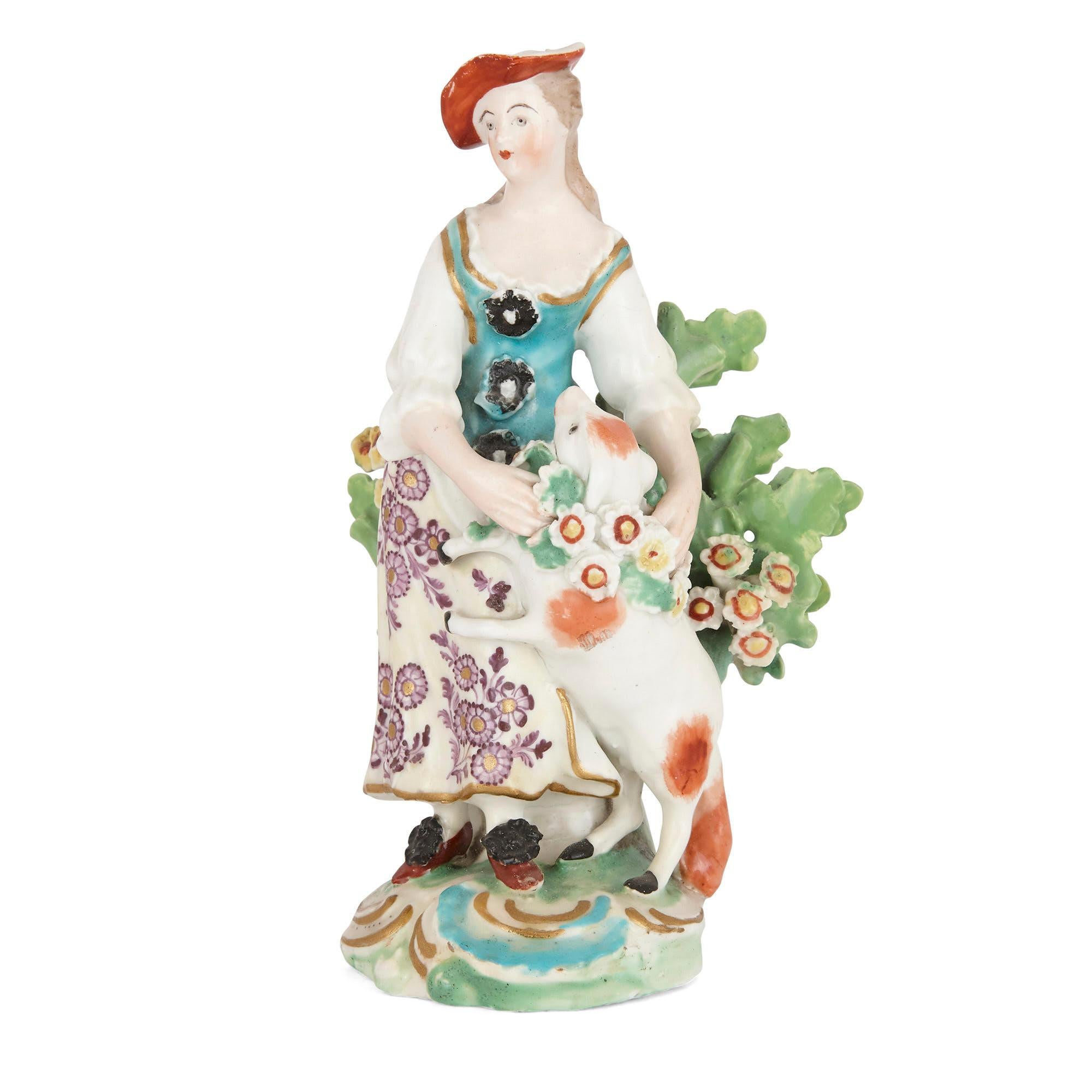 Derby porcelain figures of a shepherd and a shepherdess
English, circa 1775
Measures: Height 14cm, width 8cm, depth 6cm

The figures in this pair are known as ‘bocage’, named so because of the naturalistic terrain upon which they stand. Each