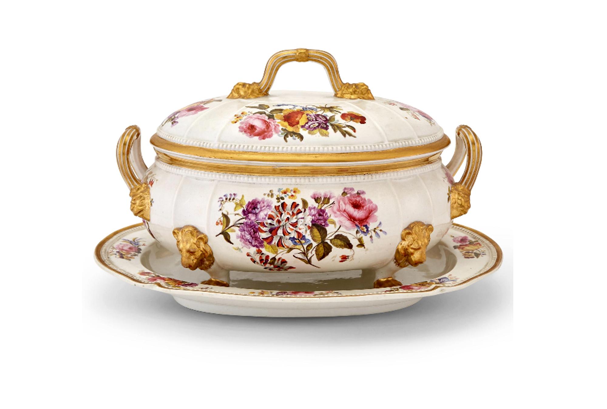 Derby Porcelain Large Botanical Soup Tureen, Cover & Stand,
Circa 1815-25

The Derby porcelain soup tureen, cover and stand are finely painted with exuberantly styled groupings of flowers to four sides, around the rim of the stand and on the cover. 