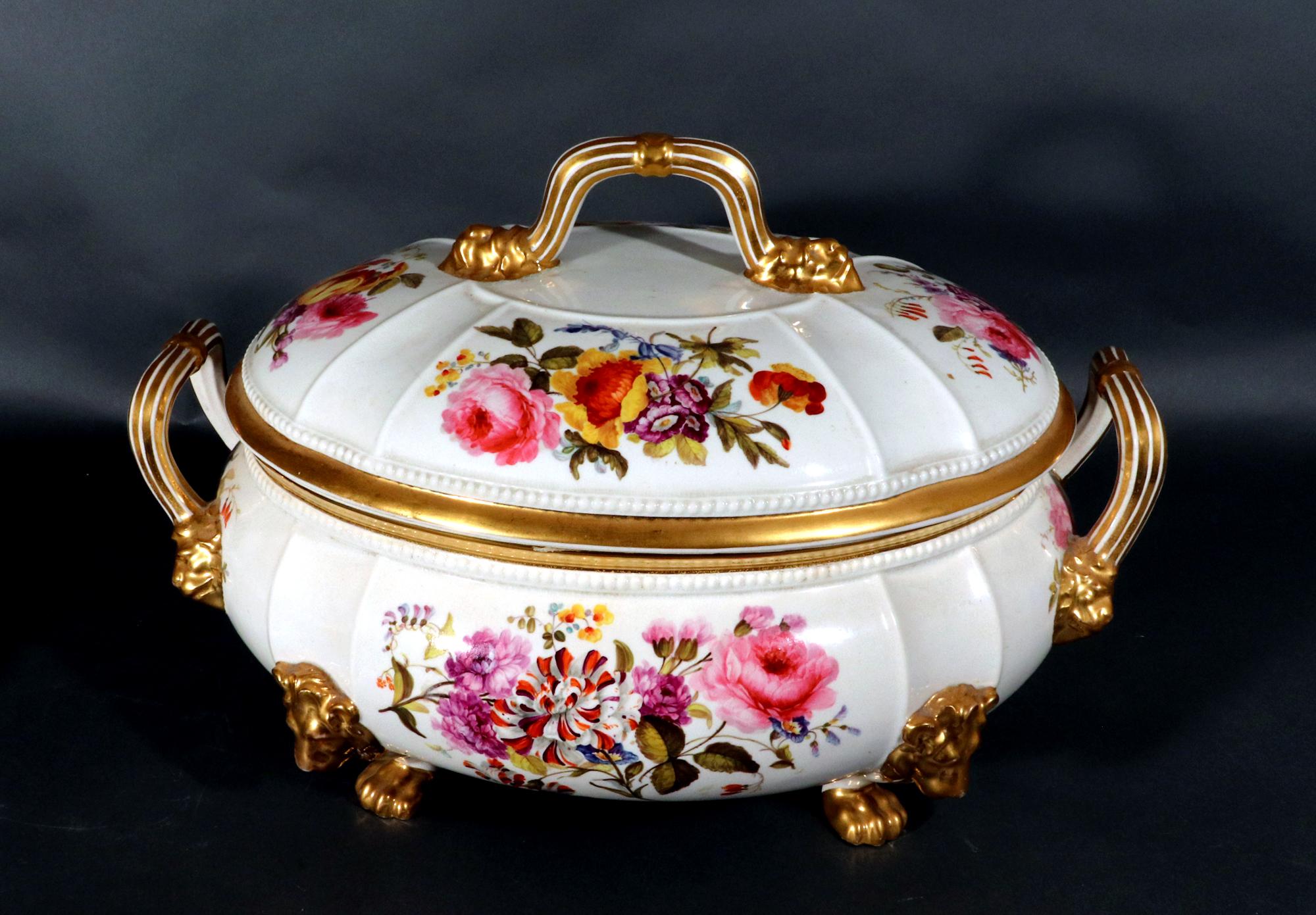 Derby Porcelain Large Botanical Soup Tureen, Cover & Stand In Good Condition For Sale In Downingtown, PA