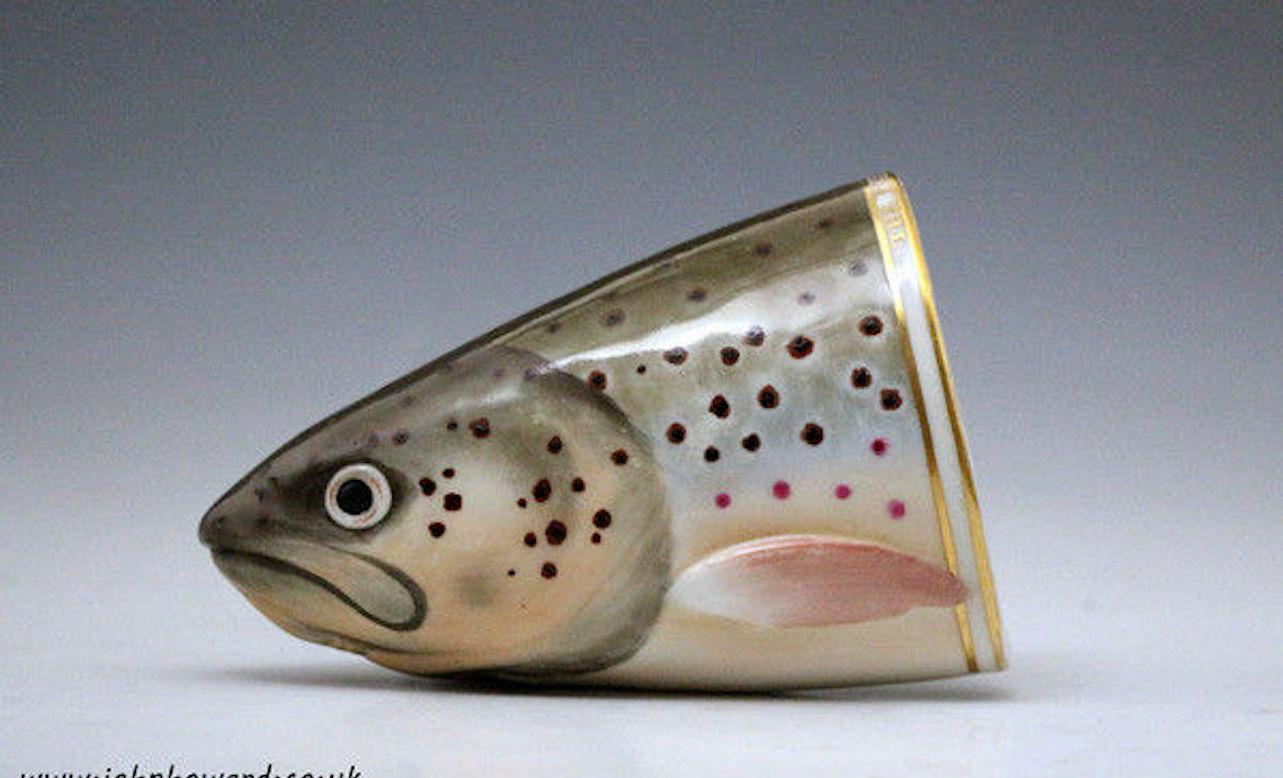 English Derby Porcelain Stirrup Cup in the Form of a Trout's Head, 19th Century For Sale