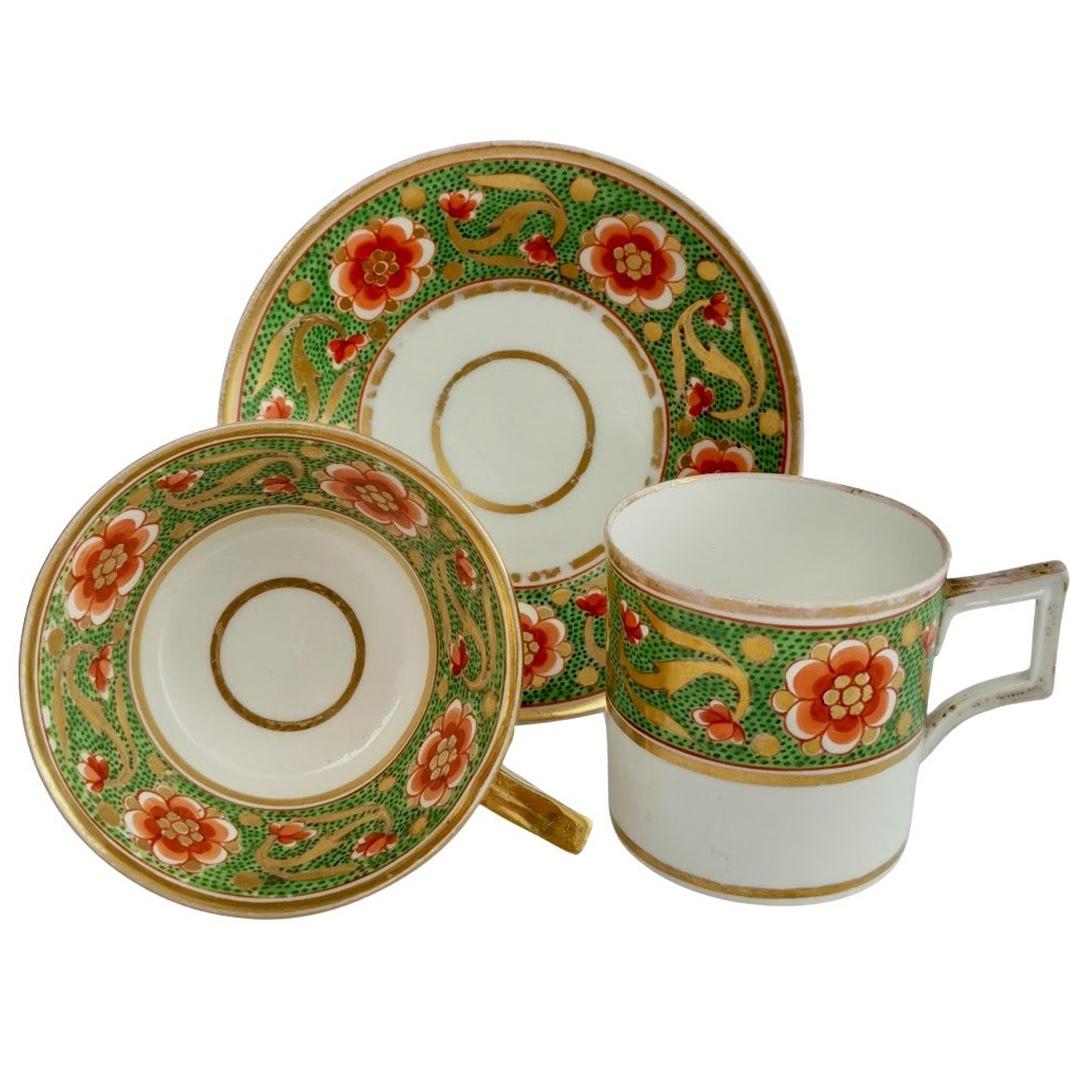 Derby Porcelain Teacup Trio, Green with Red Flowers, 1800-1810