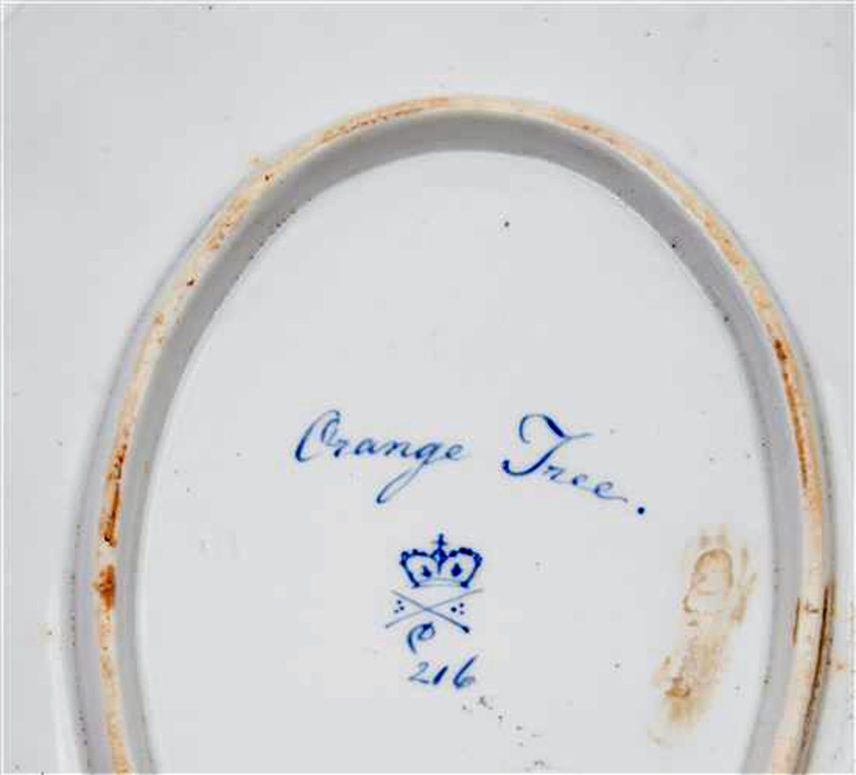 Derby Porcelain Yellow-ground Botanical Dish, 
Pattern #216,
circa 1795

The Derby Porcelain oval dish has a yellow-ground border with a central well painted with an orange tree and leaves within a gilt border

Named on the reverse in blue