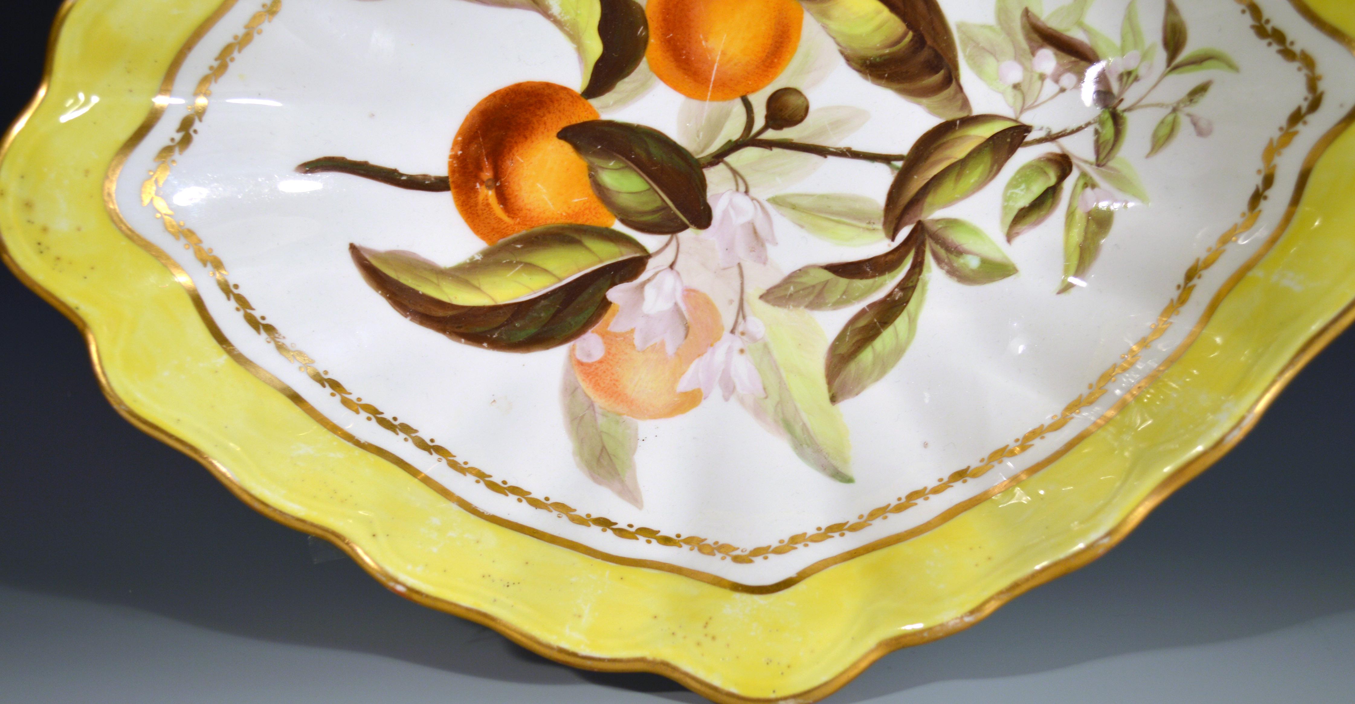 18th-Century Derby Porcelain Yellow-Ground Botanical Dish, Pattern #216 In Good Condition For Sale In Downingtown, PA