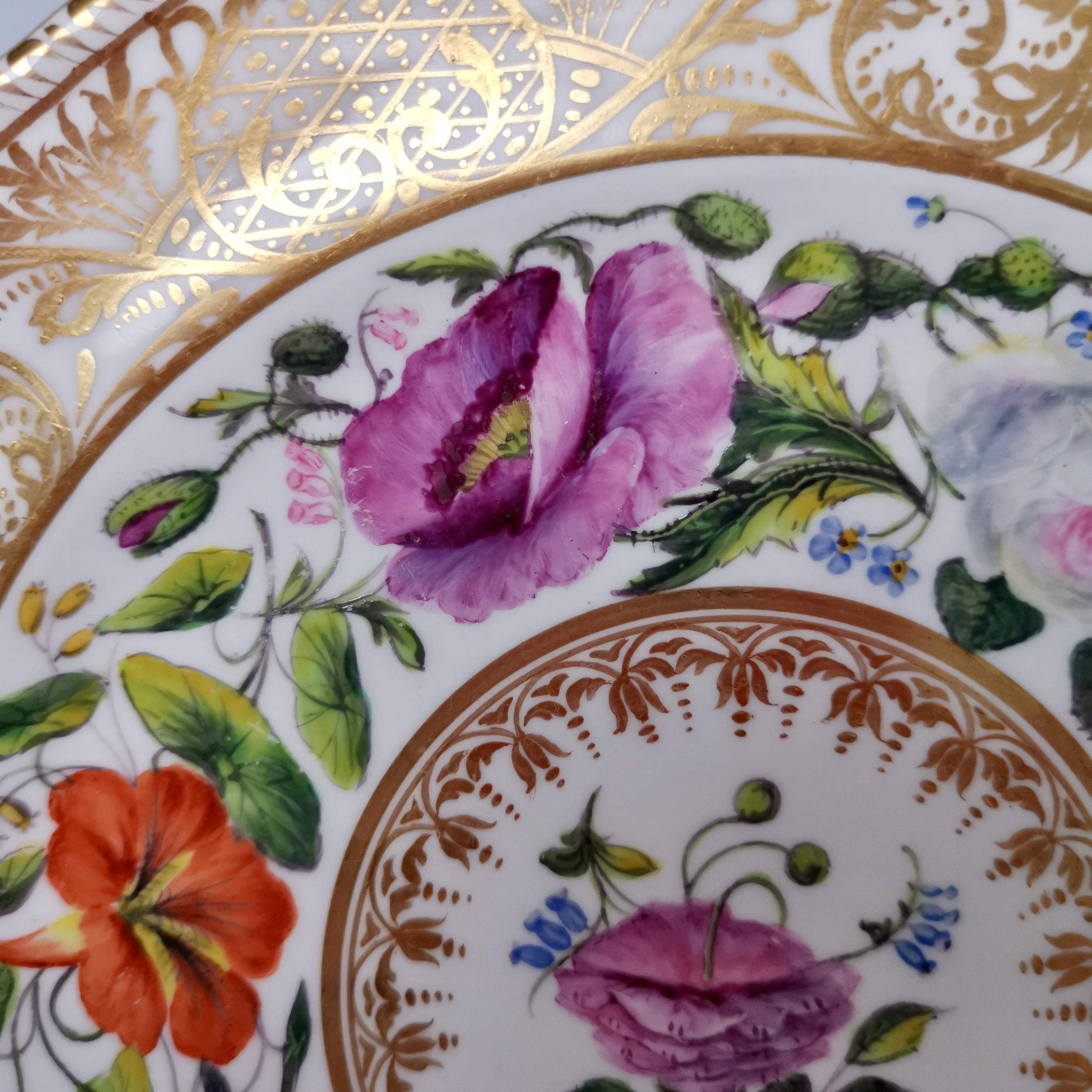 This is a beautiful plate made by the Derby King Street factory between 1863 and 1895. The plate is decorated with a lavish pattern of gilt and hand painted flowers in the style of the beautiful dinner services that Derby made in the late 18th and