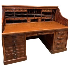 Derby School Paneled Oak Roll Top Desk with Full Interior, Circa 1900