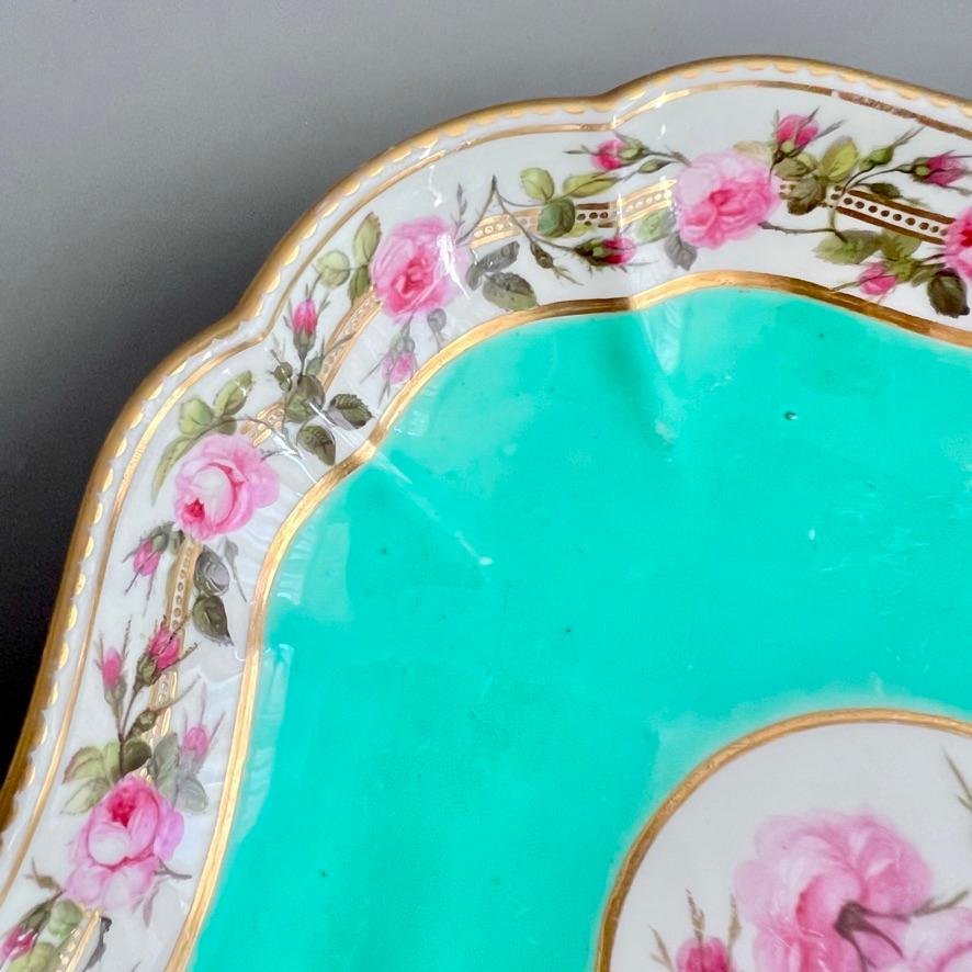 Plato cuadrado Derby, servicio Camden, William Billingsley Roses on Green, 1795 Pintado a mano en venta