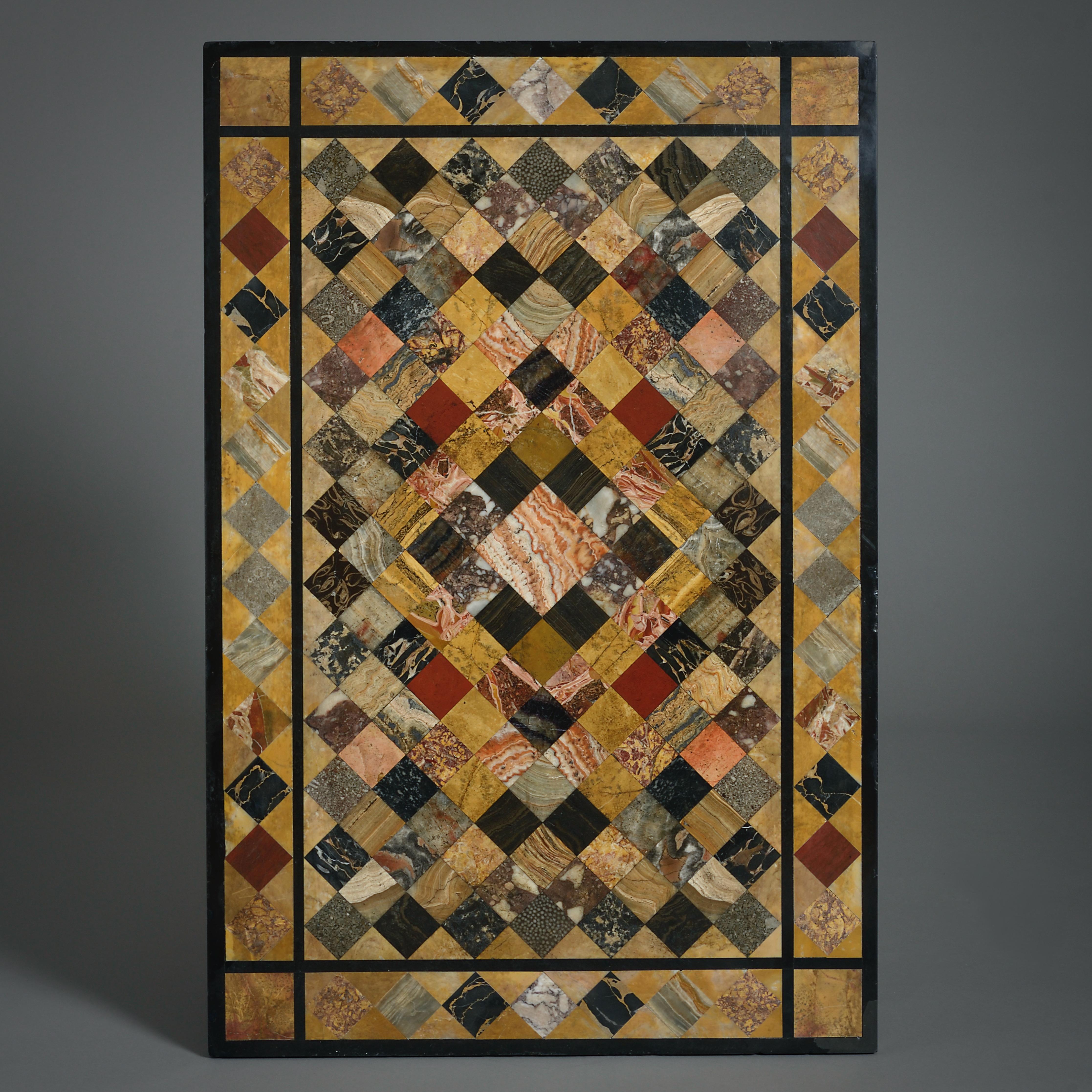 A fine derbyshire pietra dura specimen marble table top, circa 1820. 
The Ashford black marble top inset with numerous marbles, amongst which are a number of British stones including; Blue John, Torquay fossilised coral, Frosterley, Duke’s Red, and