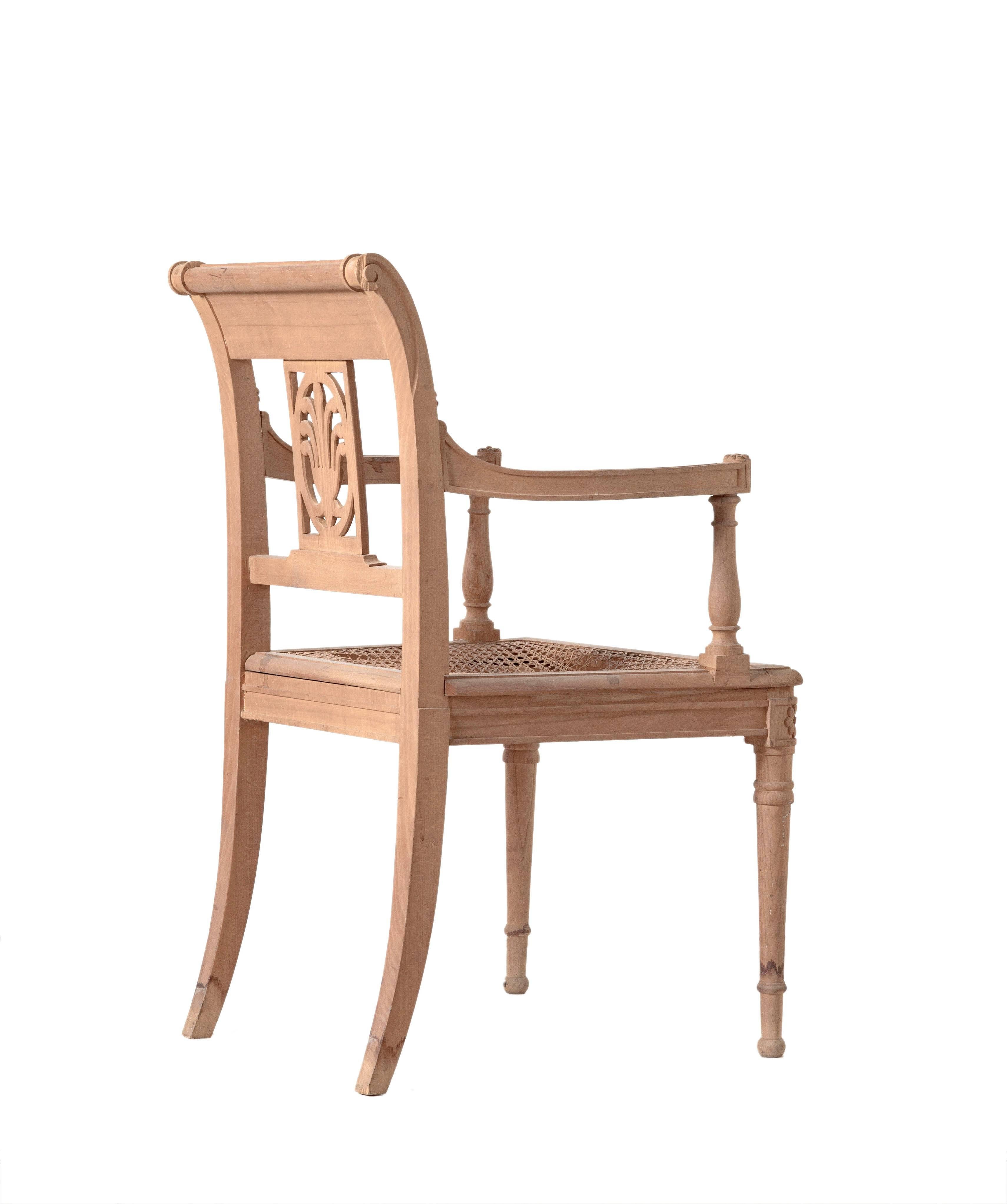 Directoire style open armchair hand-carved Italian beechwood cane seating
Cane seating broken
H. 34