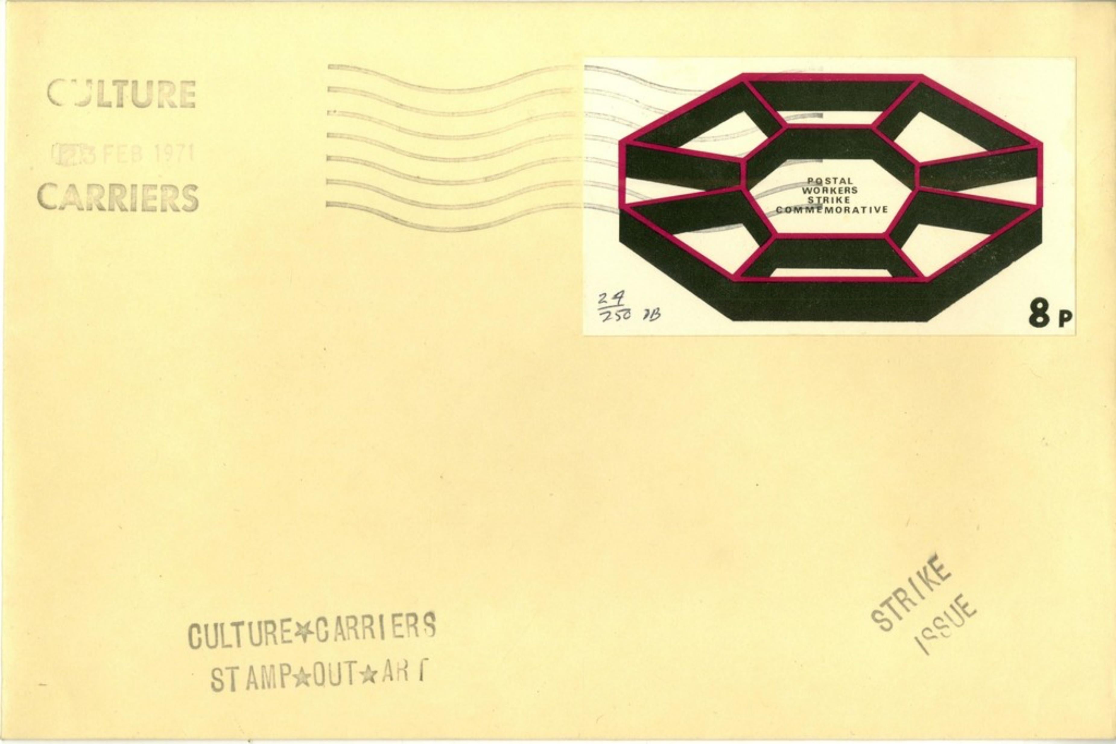 DEREK BOSHIER
"Culture Carriers Stamp Out Art", (Hand Signed), from the Collection of Art Critic Anthony Haden-Guest, 1971
Lithograph mounted on franked envelope of wove paper (Hand Signed)
6 × 9 in
15.2 × 22.9 cm
Limited Edition of 250; hand signed