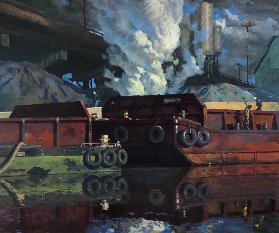 Derek Buckner Landscape Painting - Barges, Smoke