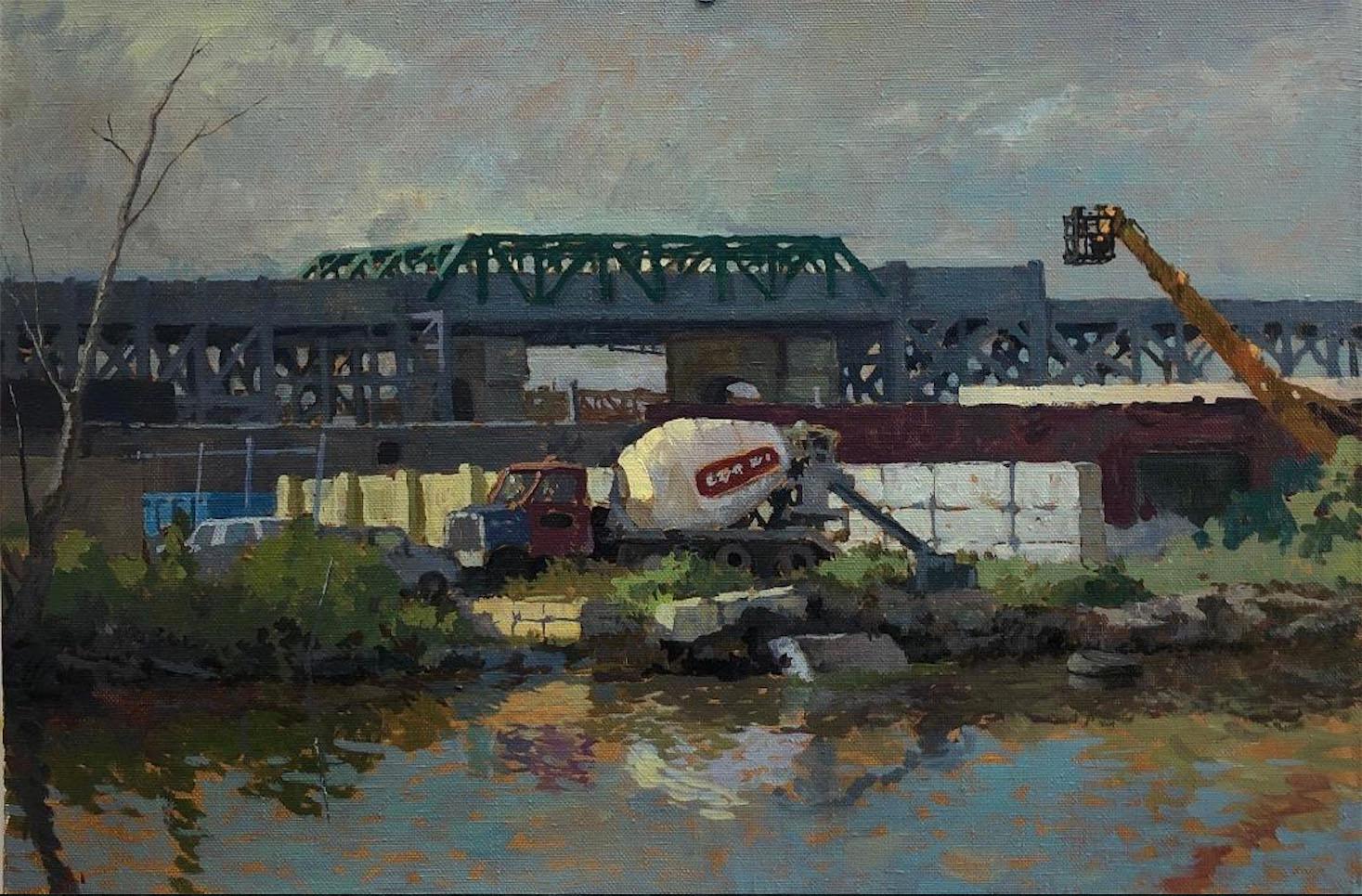 Derek Buckner Landscape Painting - Cement Truck, Gowanus Canal