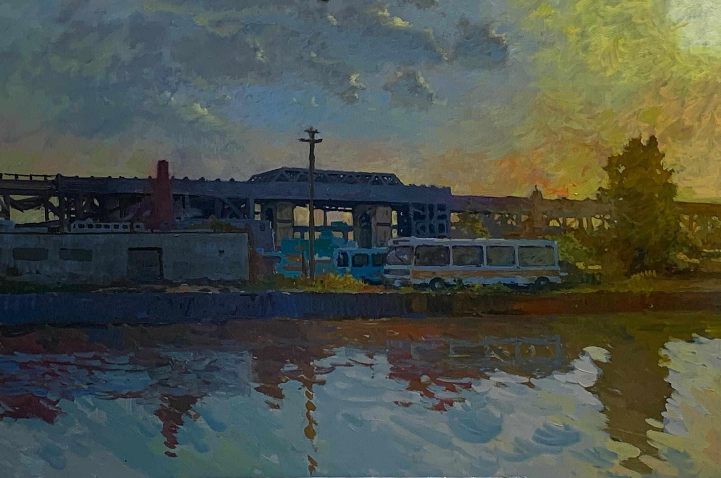 Derek Buckner Landscape Painting - Elevated Train Track Evening