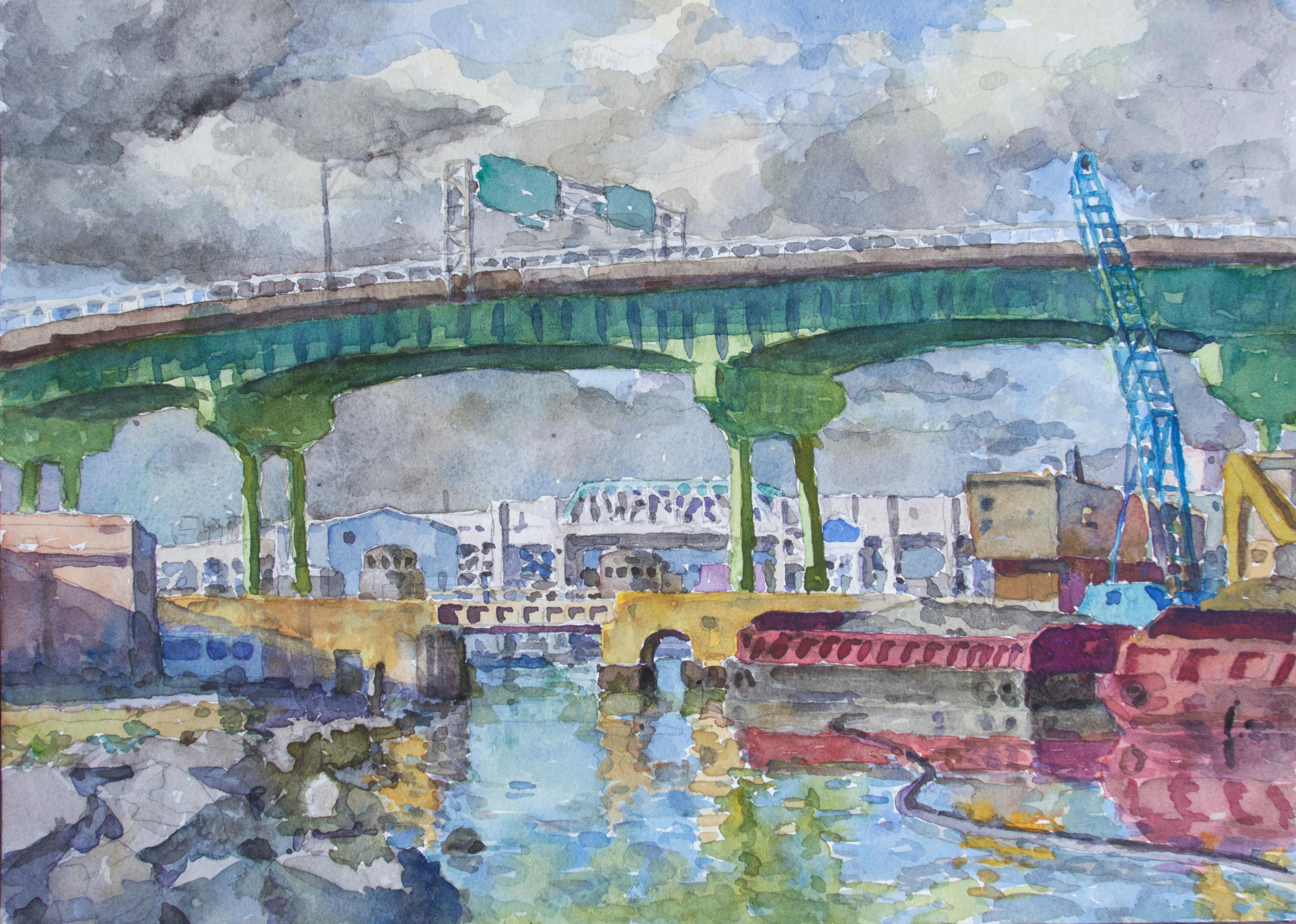 Derek Buckner Landscape Painting - Expressway Over the Canal