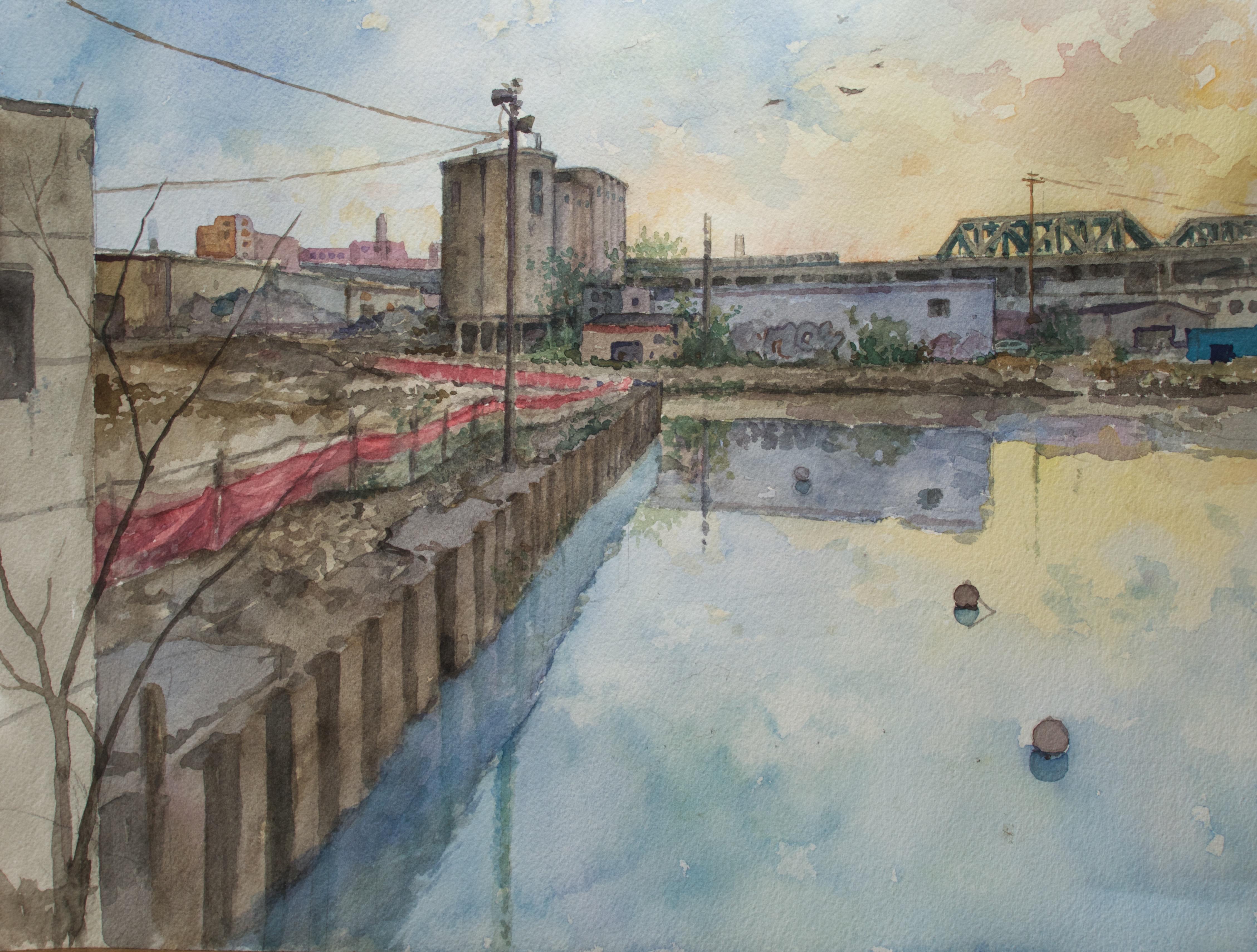 Derek Buckner Landscape Art - Gowanus Canal at Dusk