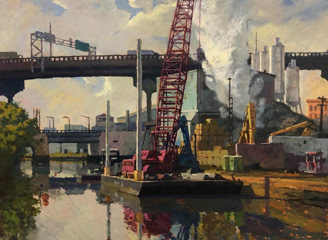 Derek Buckner Landscape Painting -  Gowanus Canal, Barge and Crane