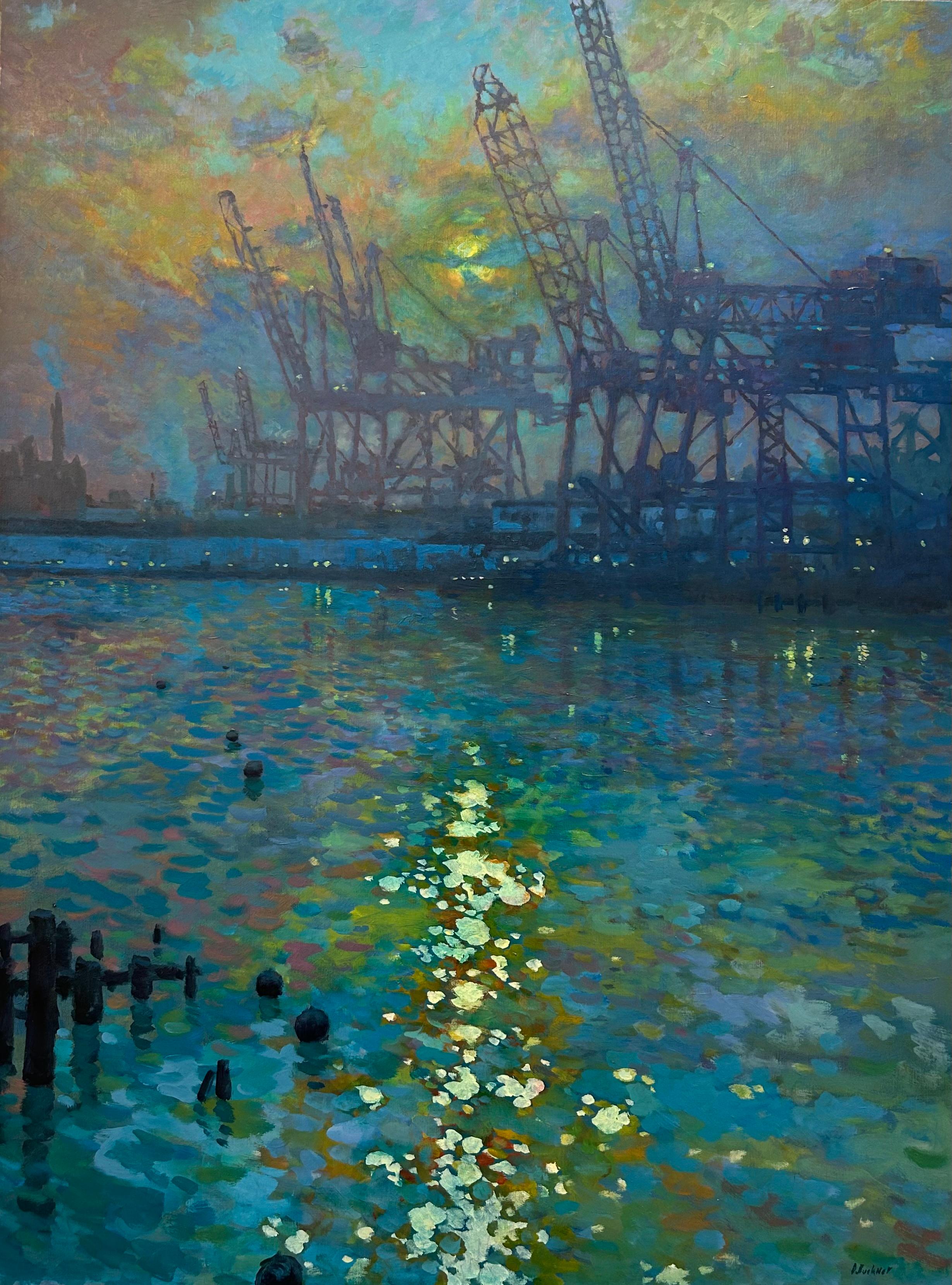 Port Cranes, Sonnenlicht auf Wasser – Painting von Derek Buckner
