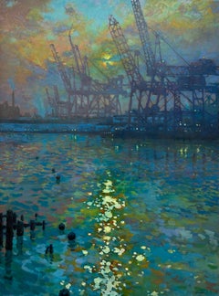 Port Cranes, Sonnenlicht auf Wasser