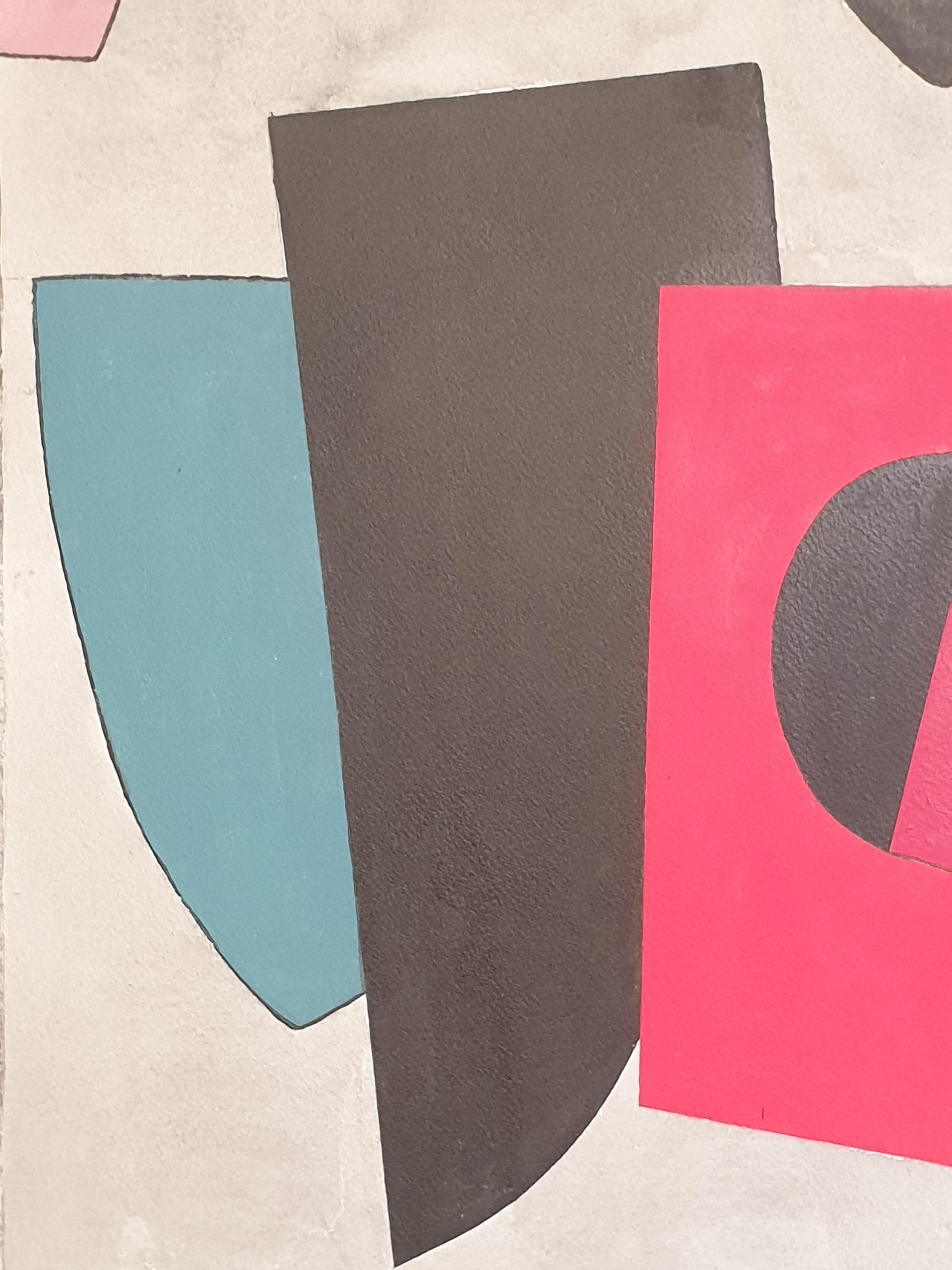 Acrylique géométrique abstraite sur papier de la fin du 20e siècle de l'artiste britannique Derek Carruthers. Signé en bas à droite et signé et daté au verso.

Une juxtaposition merveilleusement colorée et vivante de diverses formes géométriques,