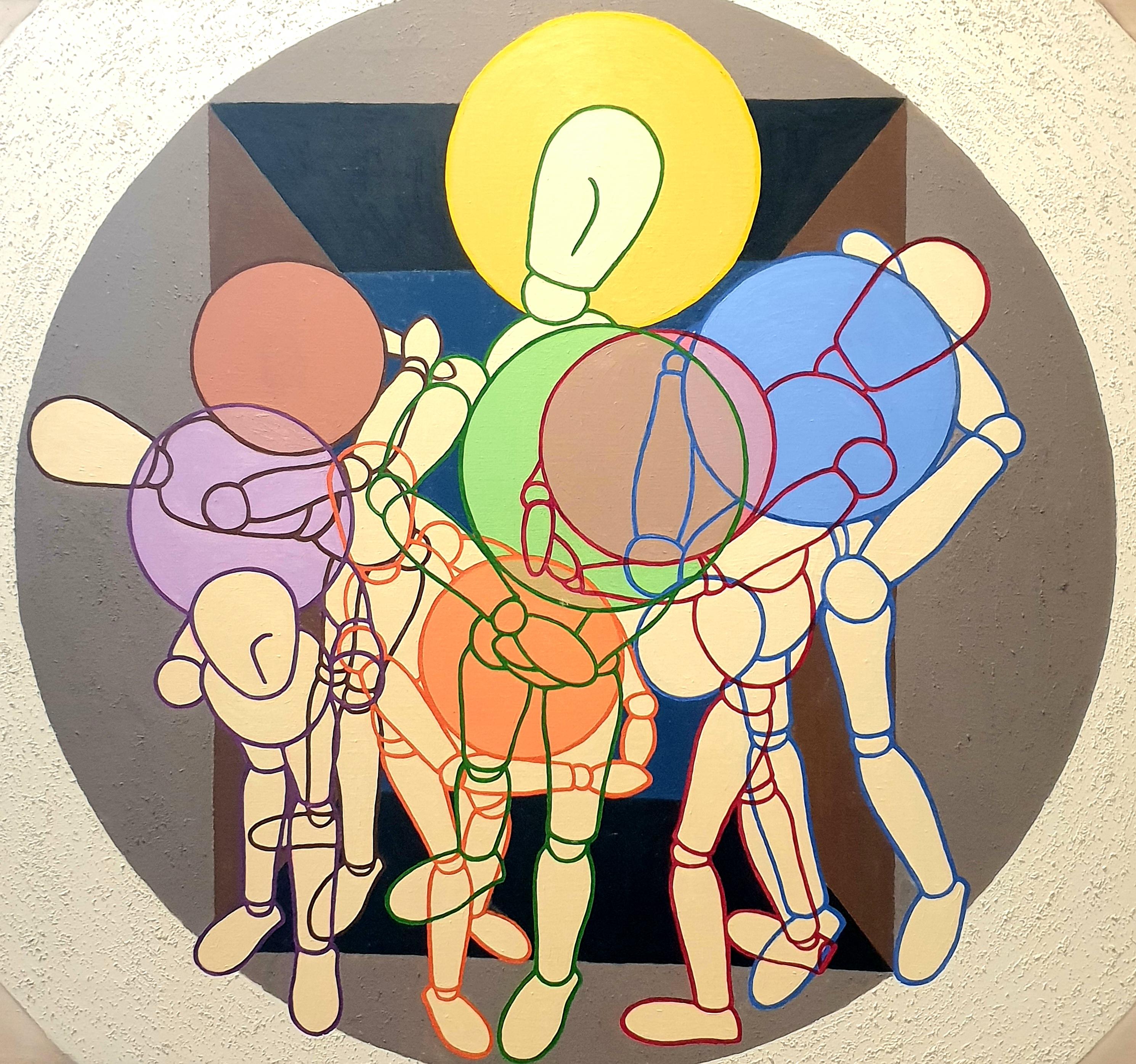 Large Scale Abstract Geometric Oil on Canvas, Artist's Lay Figures at Play.  - Painting by Derek Carruthers