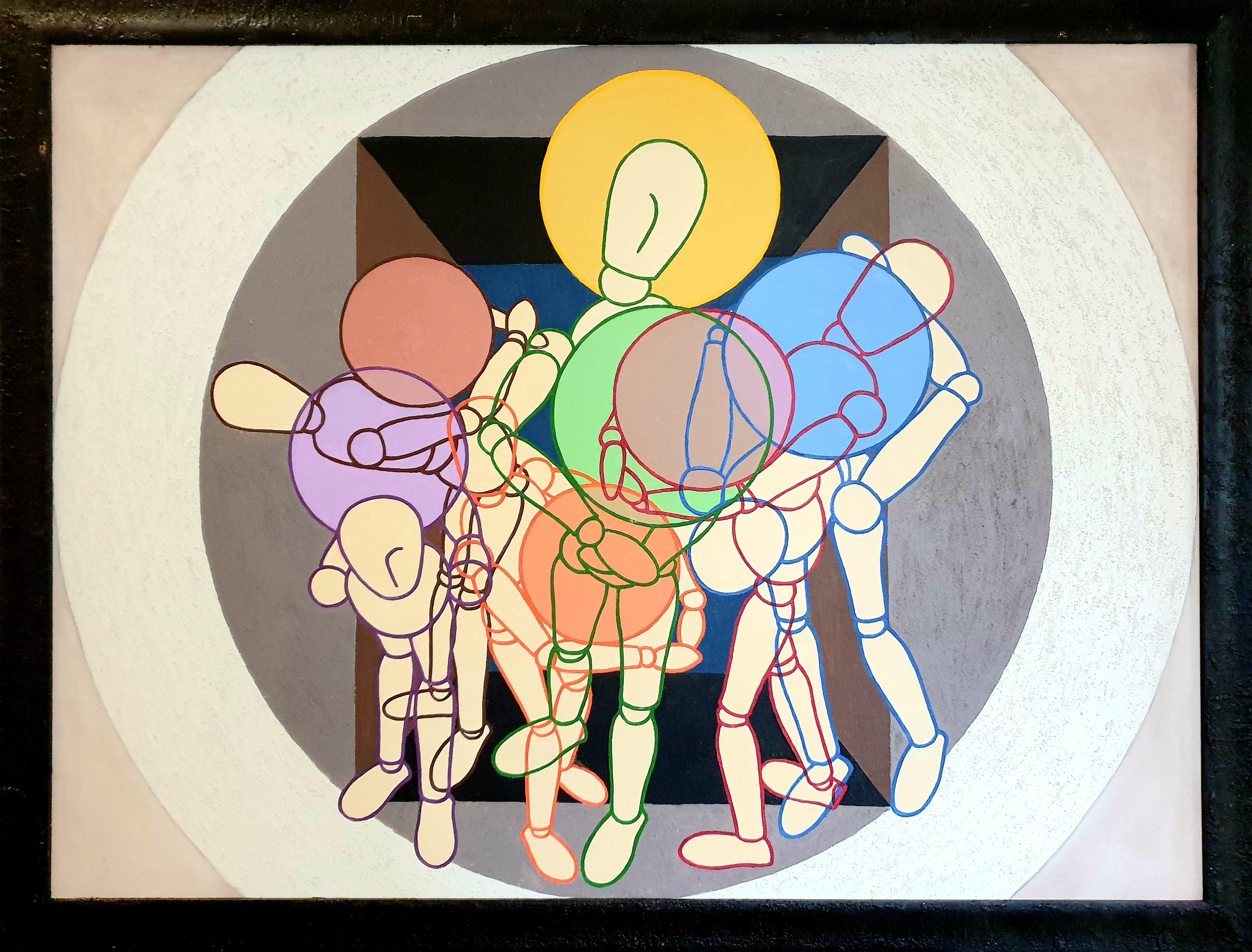 Grande huile géométrique abstraite sur toile représentant des personnages laïcs en train de jouer, par l'artiste britannique Derek Carruthers. Signé et daté 2004-5 au verso. Présenté dans un cadre noir texturé.

Une peinture merveilleusement