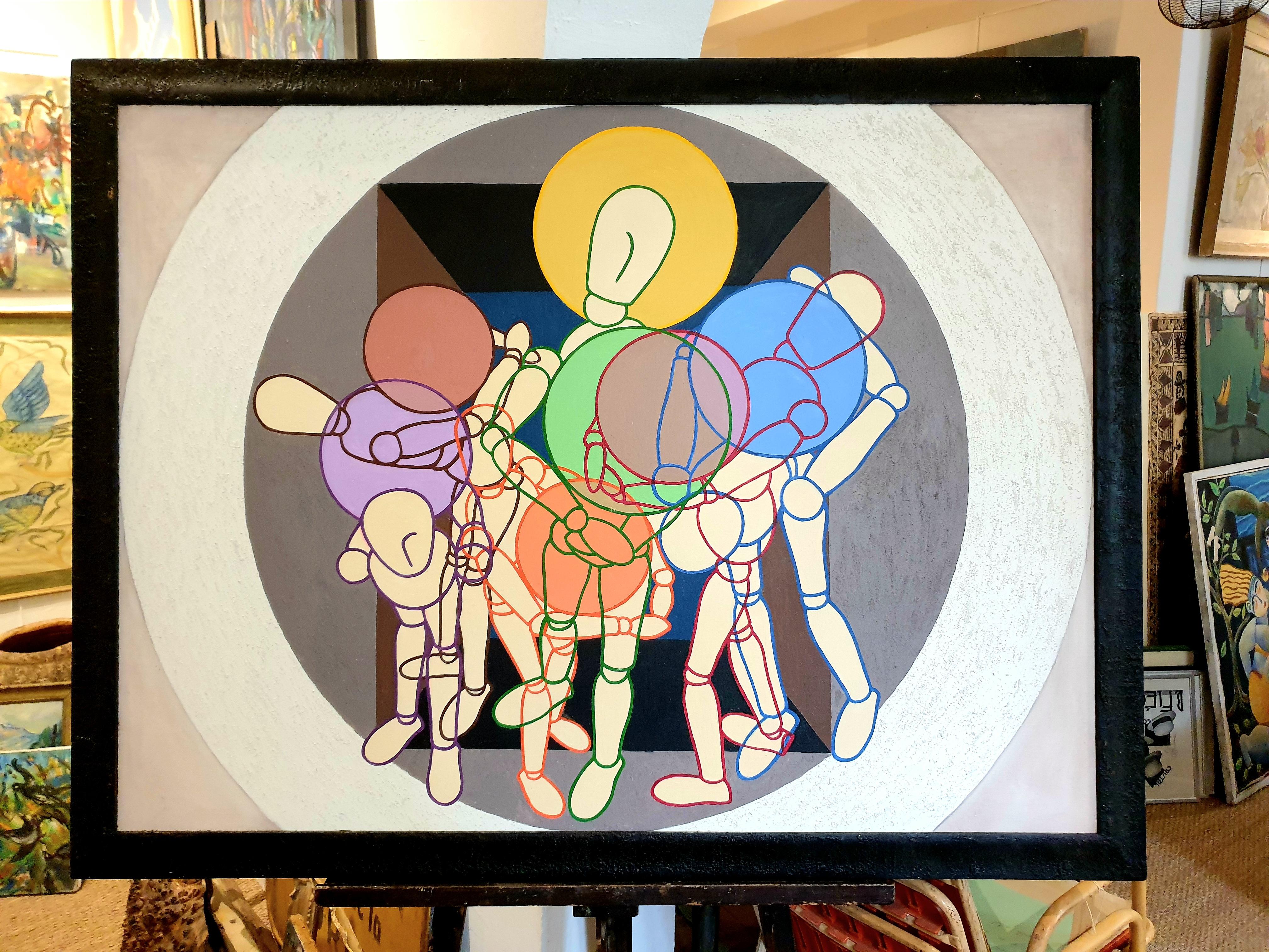 Huile sur toile abstraite à grande échelle, Figures superposées d'artistes en jeu  en vente 1