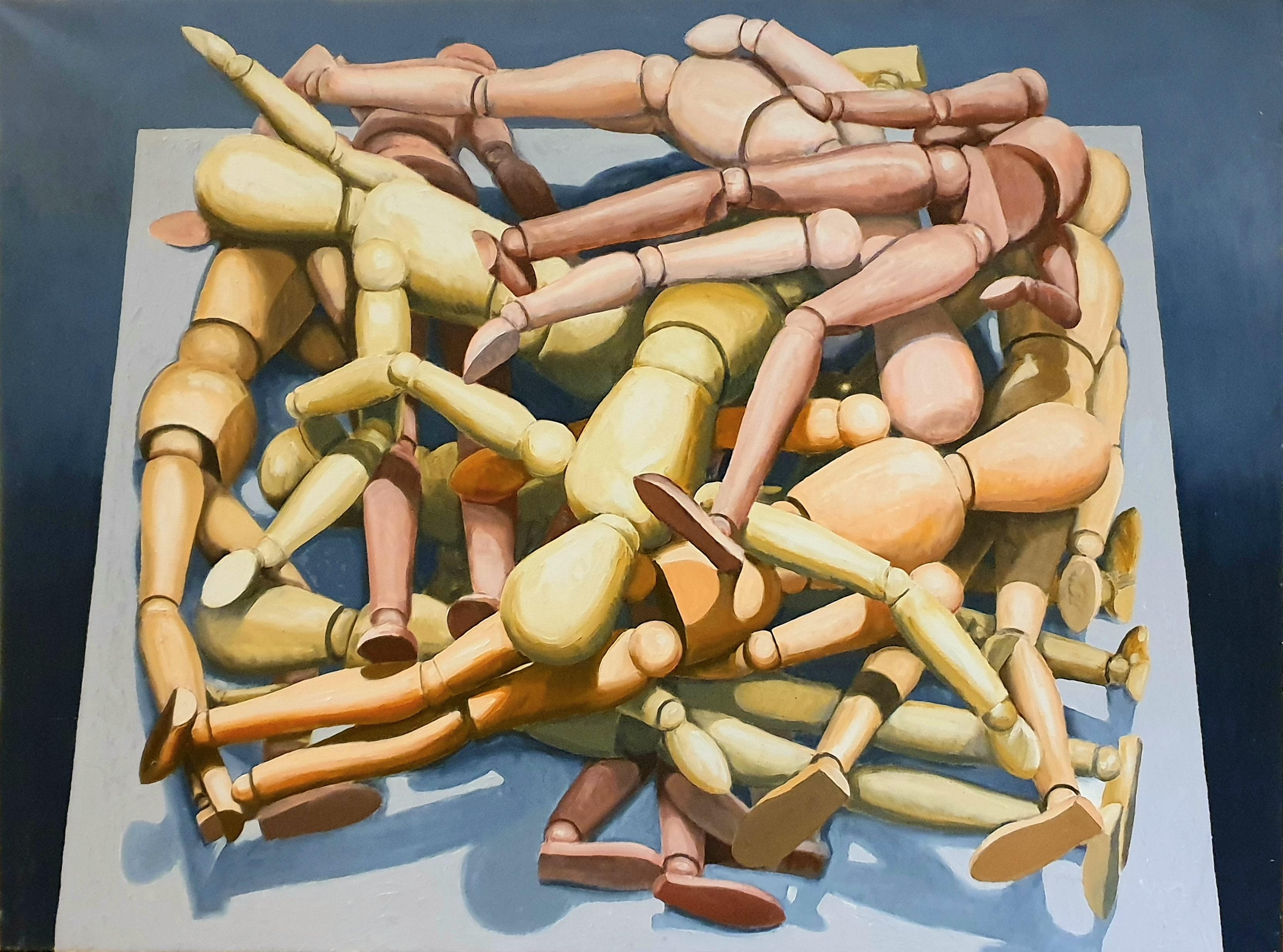 Derek Carruthers  Figurative Painting – Abstraktes geometrisches Öl auf Leinwand im großen Maßstab, Figuren des Künstlers legen