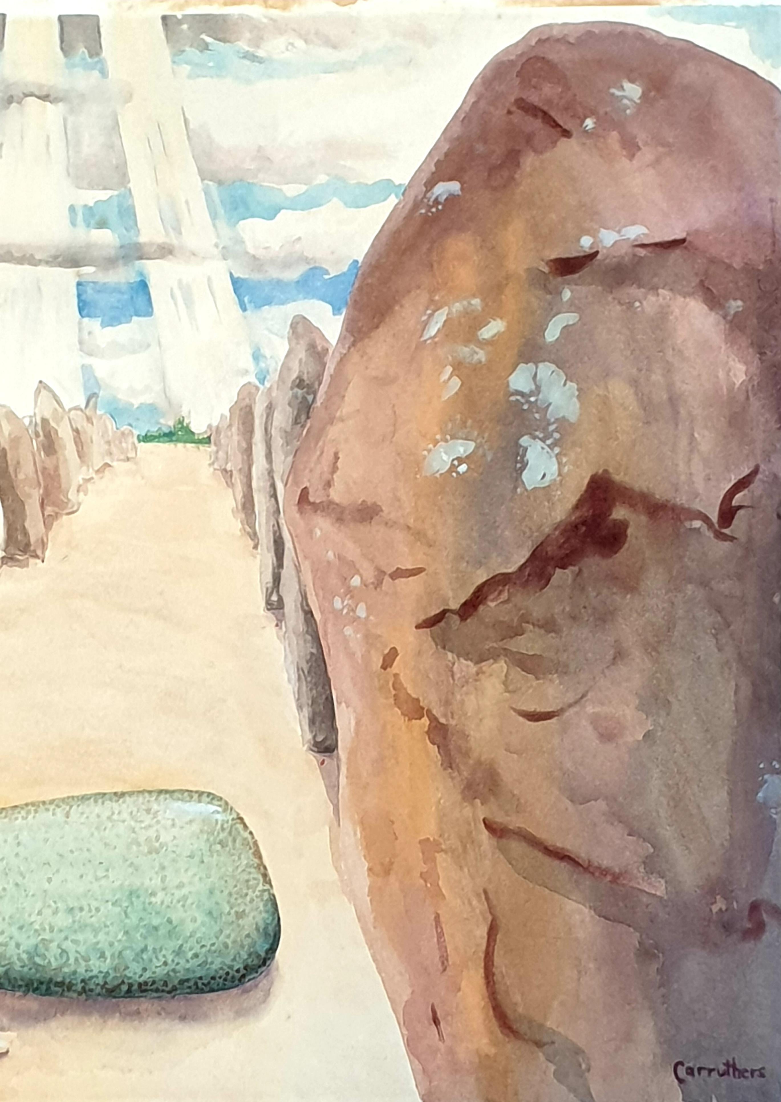 Gouache et aquarelle surréalistes sur papier de la fin du 20e siècle de l'artiste britannique Derek Carruthers. Signé en bas à droite et daté de septembre 1985 au verso.

Une peinture intrigante et graphique d'une structure semblable à Stonehenge.