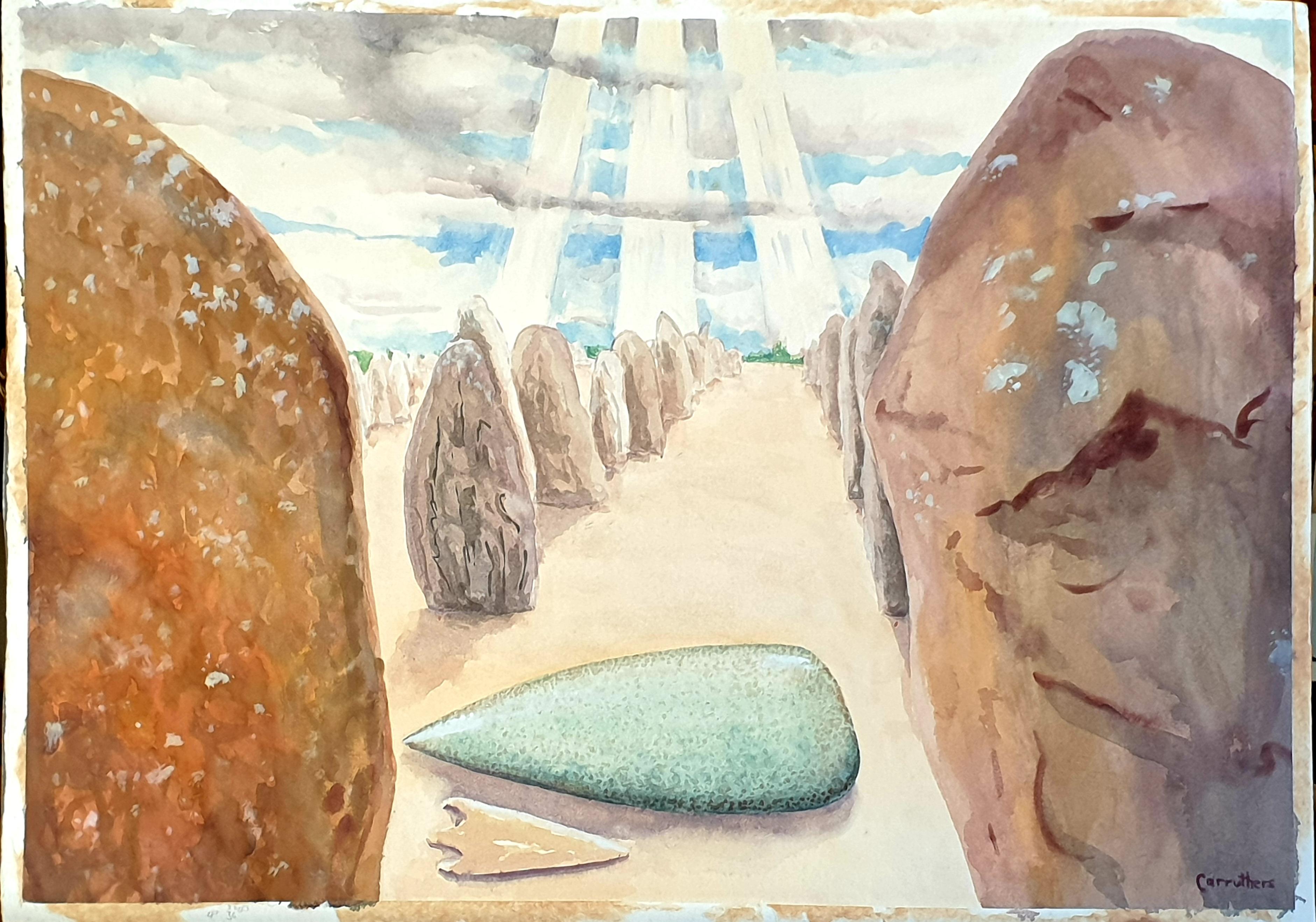 Derek Carruthers  Landscape Painting – Surrealistische Gouache des späten 20. Jahrhunderts auf Papier. 'Stones'.