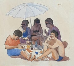 Surrealistisches Aquarell und Gouache auf Papier. „Der Picnic“.