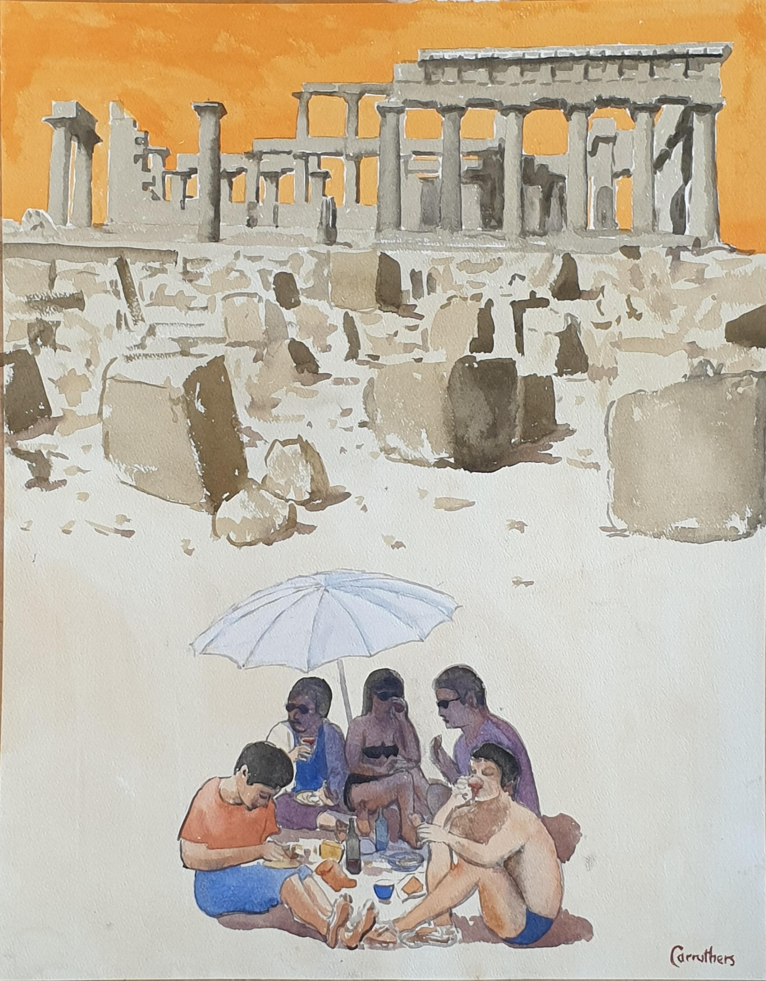 Derek Carruthers  Figurative Art - Surrealist Watercolour and Gouache on Paper. 'The Picnic'.