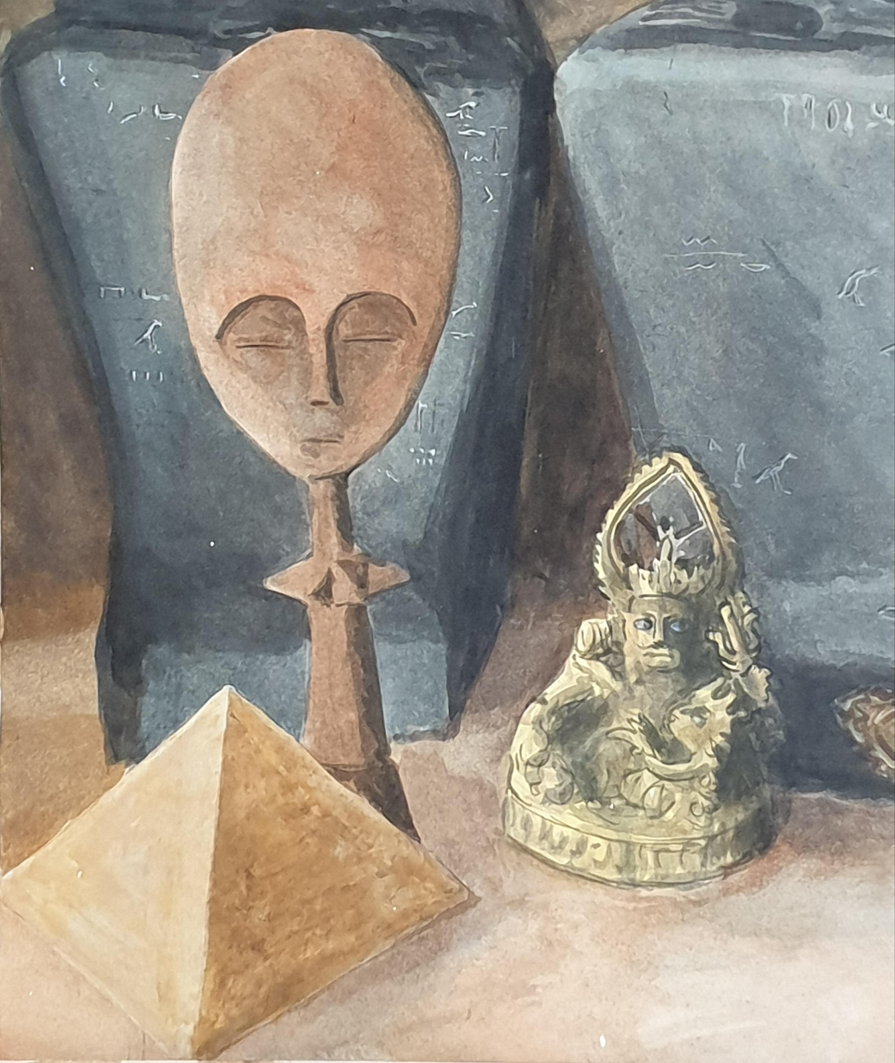 Surrealist Painting on Paper, 'Godot', Artefacts of Civilisations Lost For Sale 1