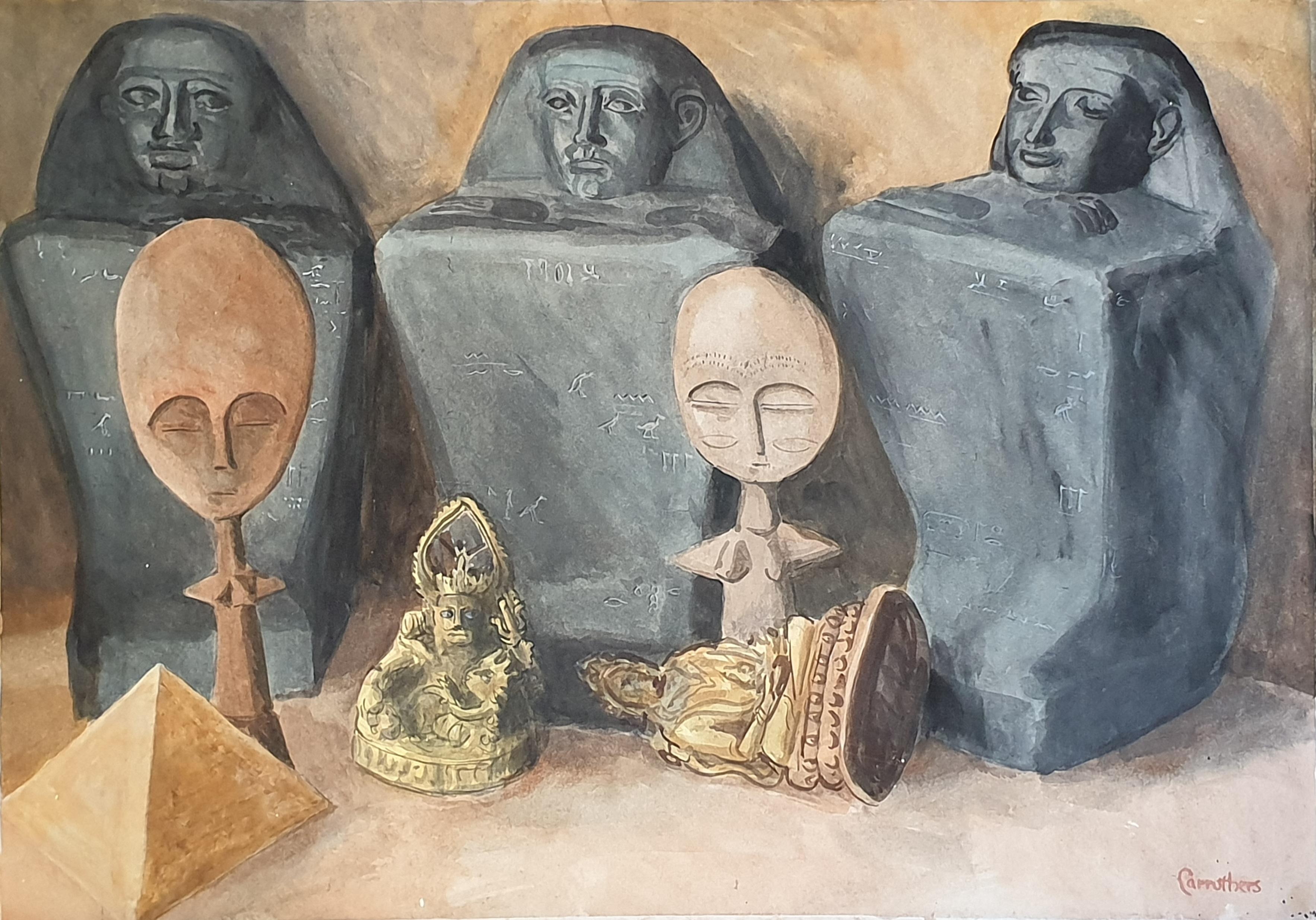 Surrealistisches Gemälde auf Papier, „ Godot“, Artefakte der Zivilisationen, verloren gegangen