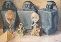 Surrealistisches Gemälde auf Papier, „ Godot“, Artefakte der Zivilisationen, verloren gegangen