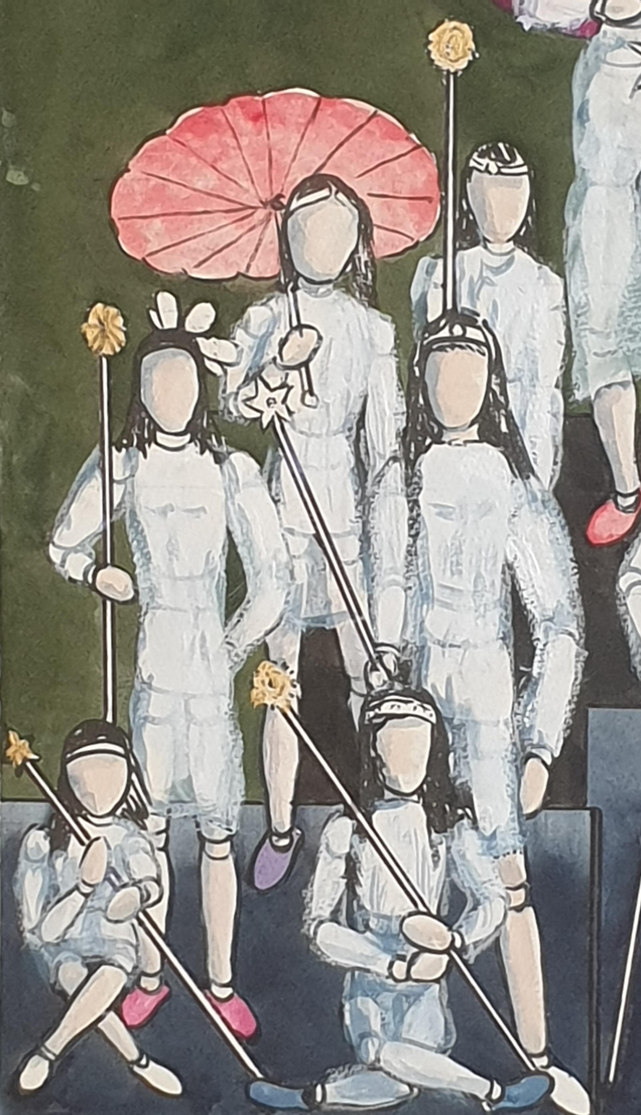 Surrealistisches Aquarell und Gouache auf handgeschöpftem Papier des britischen Künstlers Derek Carruthers. Rechts unten signiert und auf der Rückseite signiert, datiert und betitelt 